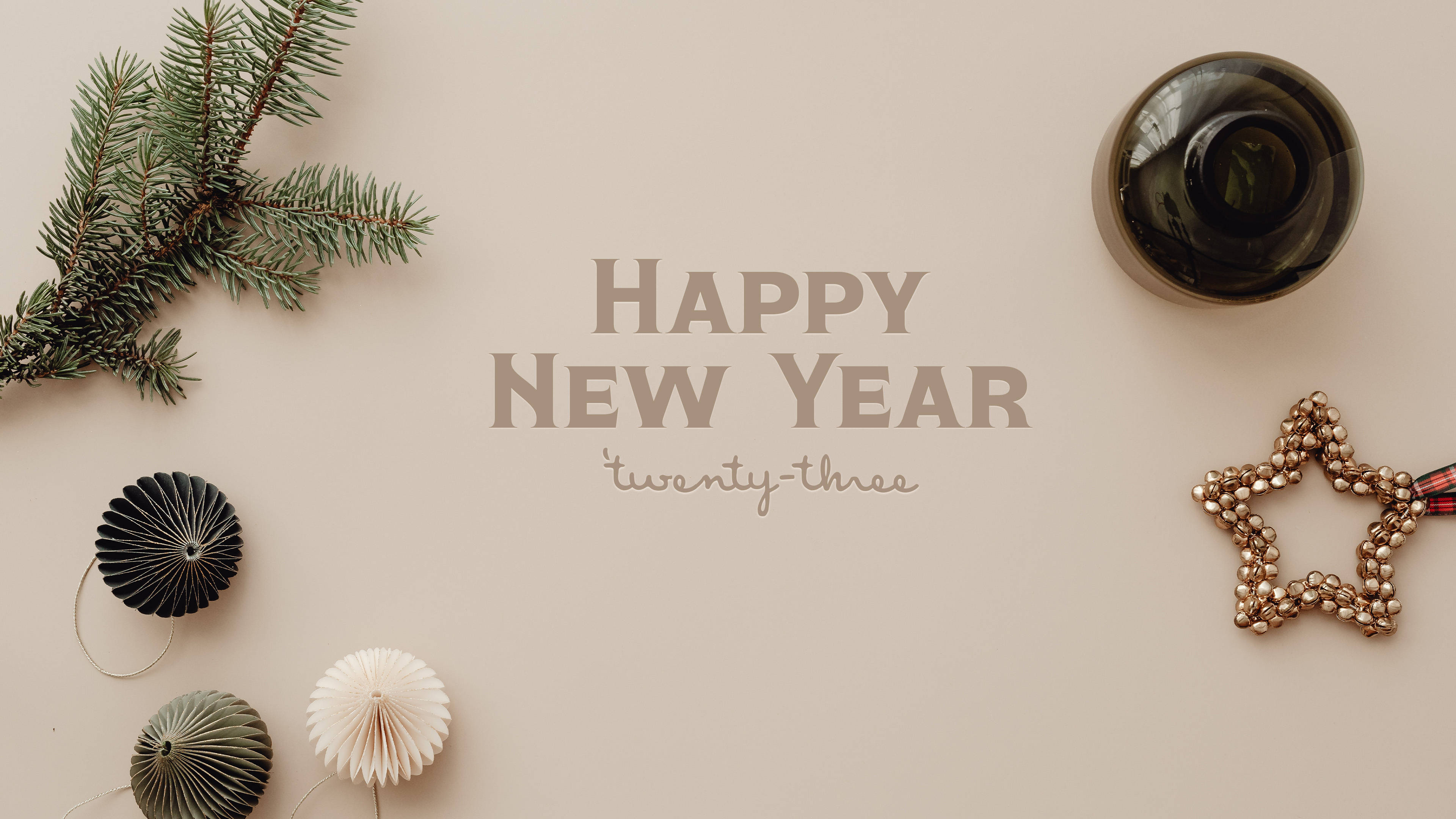 Happy New Year twenty-three, pine branch, paper fans, 4K Desktop Wallpaper