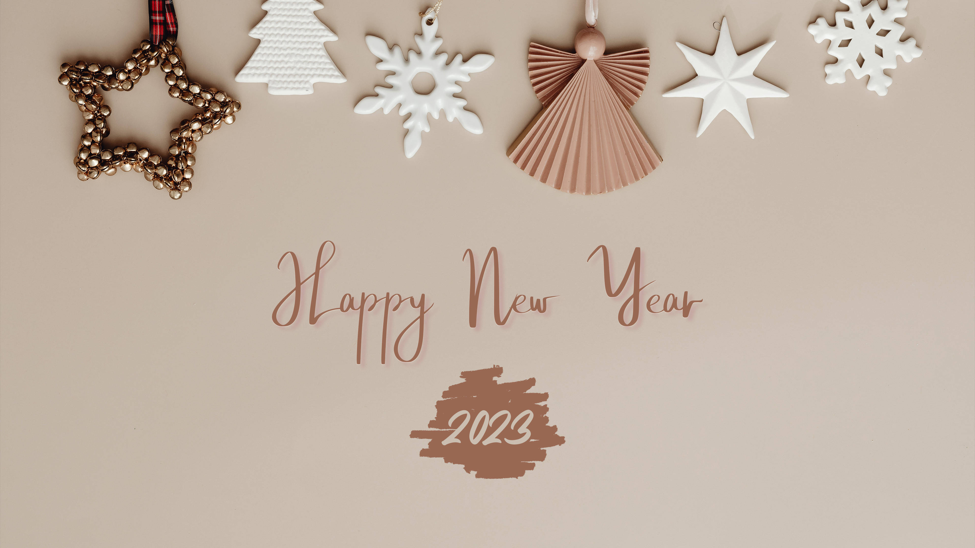 Happy New Year 2023, beige background, white and gold holiday ornaments, 4K Desktop Wallpaper