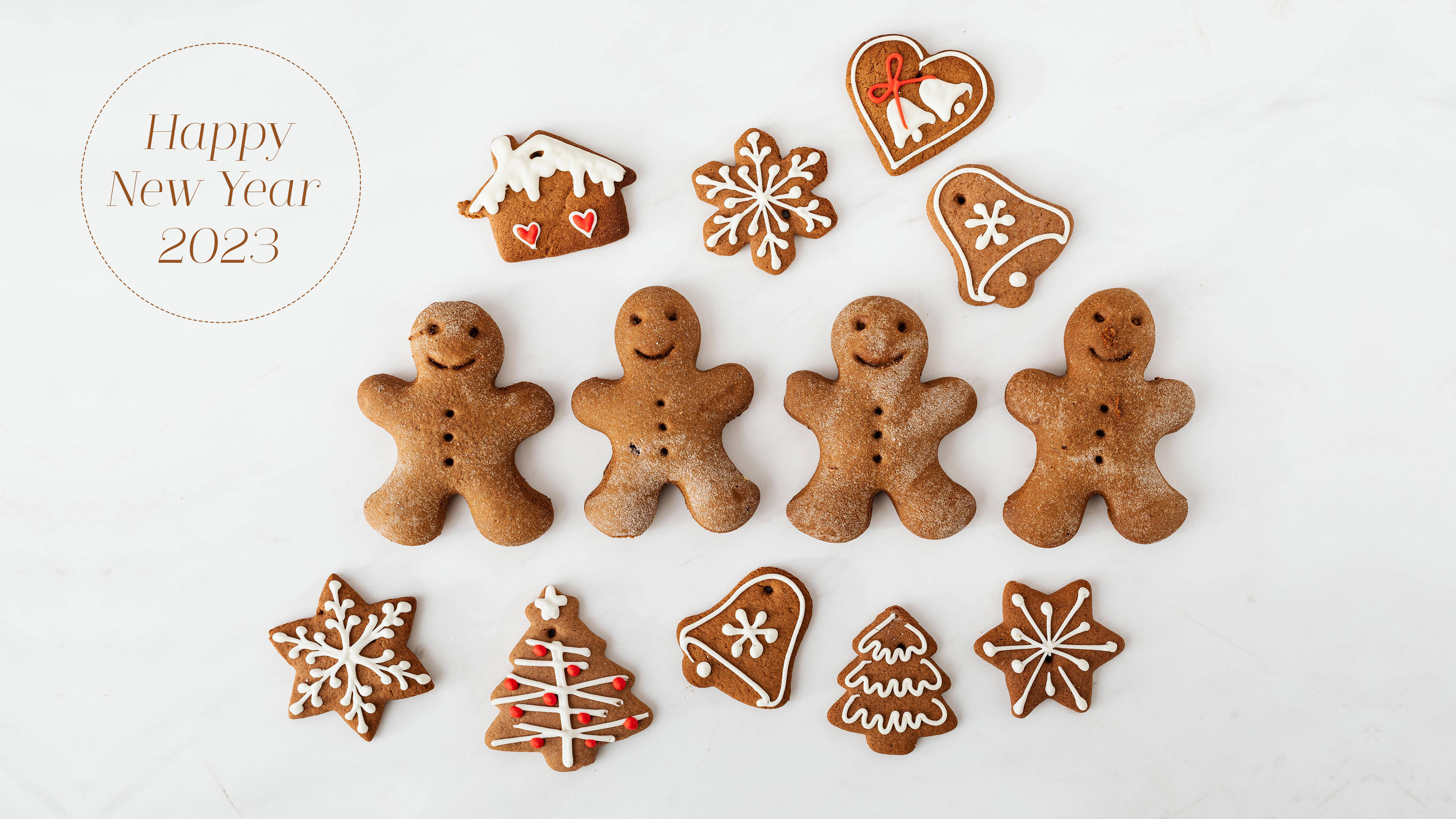 Happy New Year 2023, gingerbread cookies, people trees bells snowflakes, 4K Desktop Wallpaper