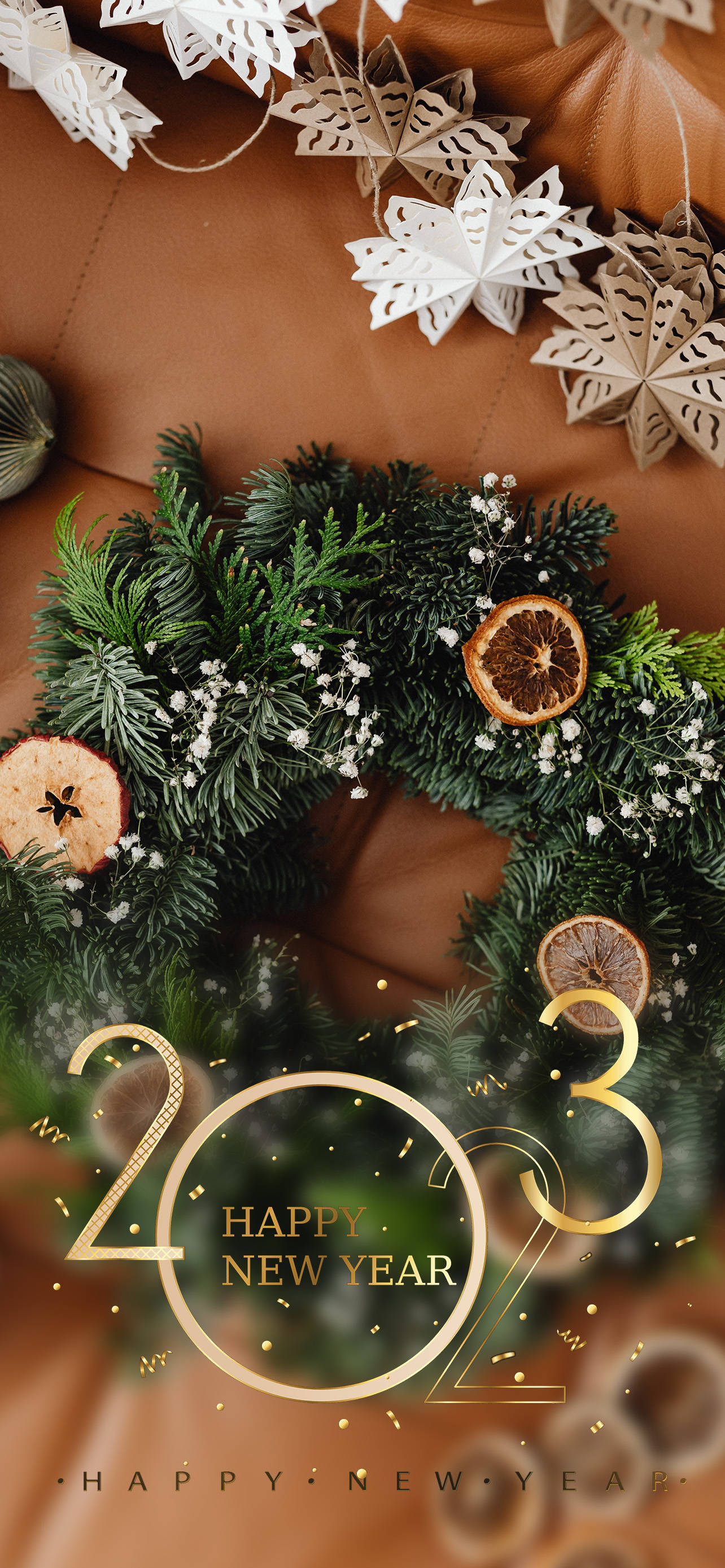 Happy New Year 2023, holiday wreath, green pine, 2K Phone Wallpaper