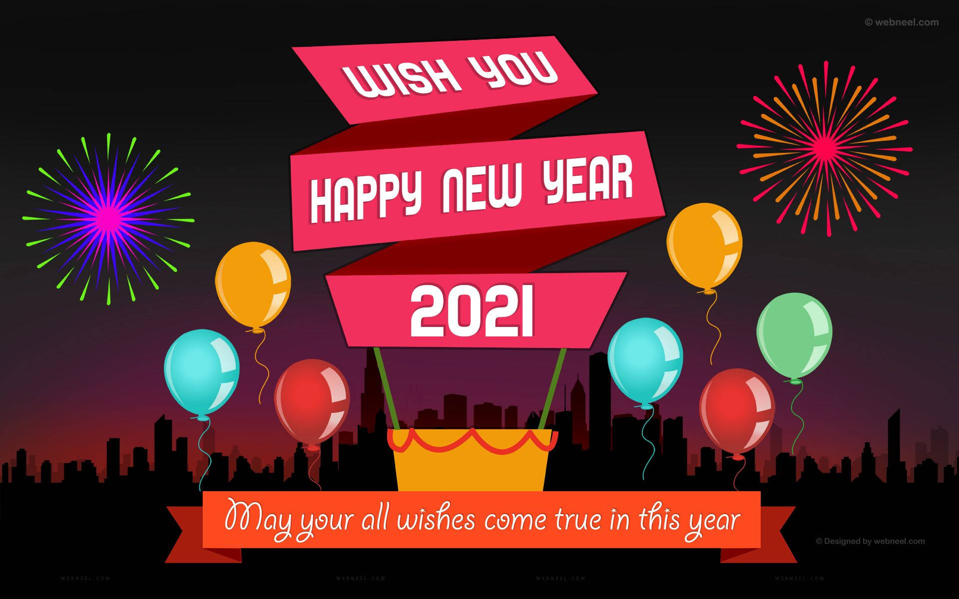 Happy New Year 2021, hot air balloon, colorful balloons, Full HD Desktop Wallpaper