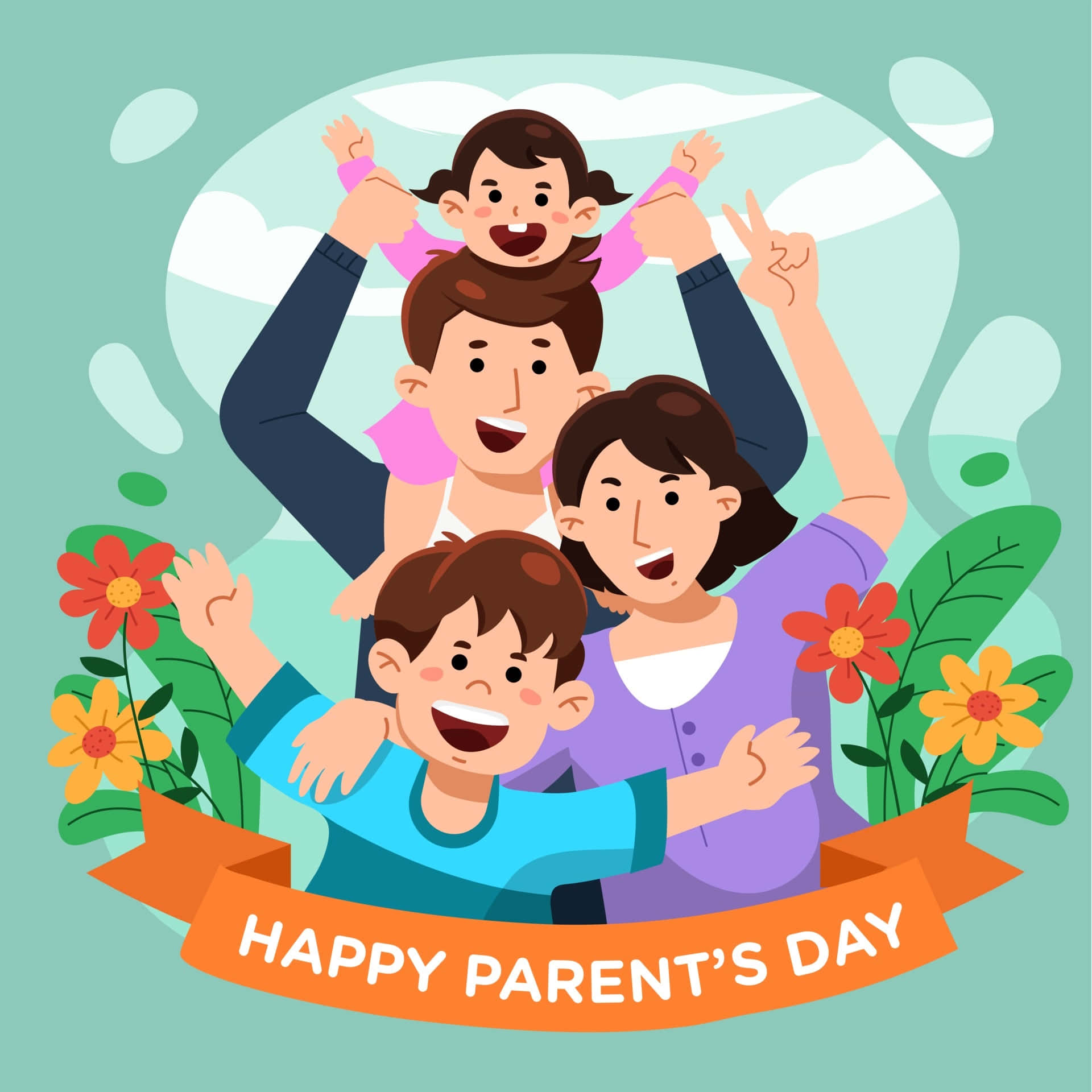 Happy Parents Day, cartoon family of four, colorful flowers, Full HD Desktop Wallpaper