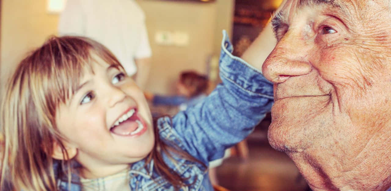 joyful young girl, denim, elderly man, HD Desktop Wallpaper