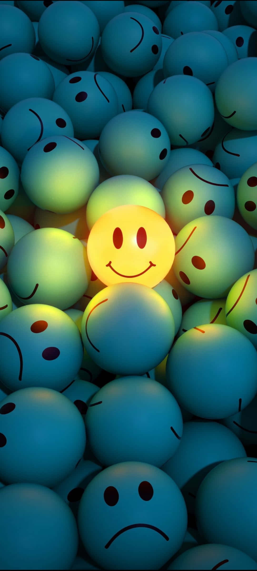 Happy Phone, glowing yellow smiley face, sea of blue sad faces, Full HD Phone Wallpaper
