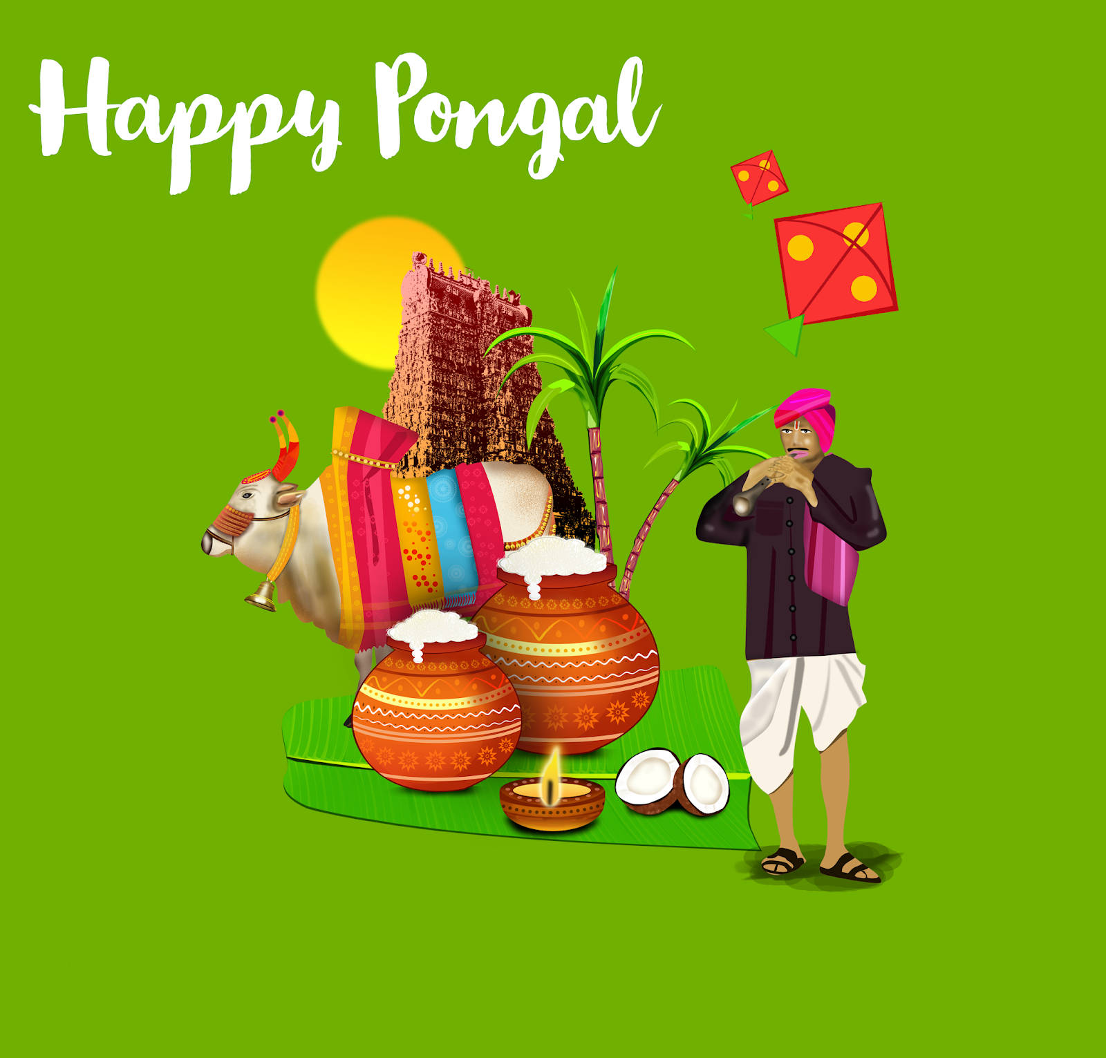 Happy Pongal, decorated cow, palm trees, HD Desktop Wallpaper