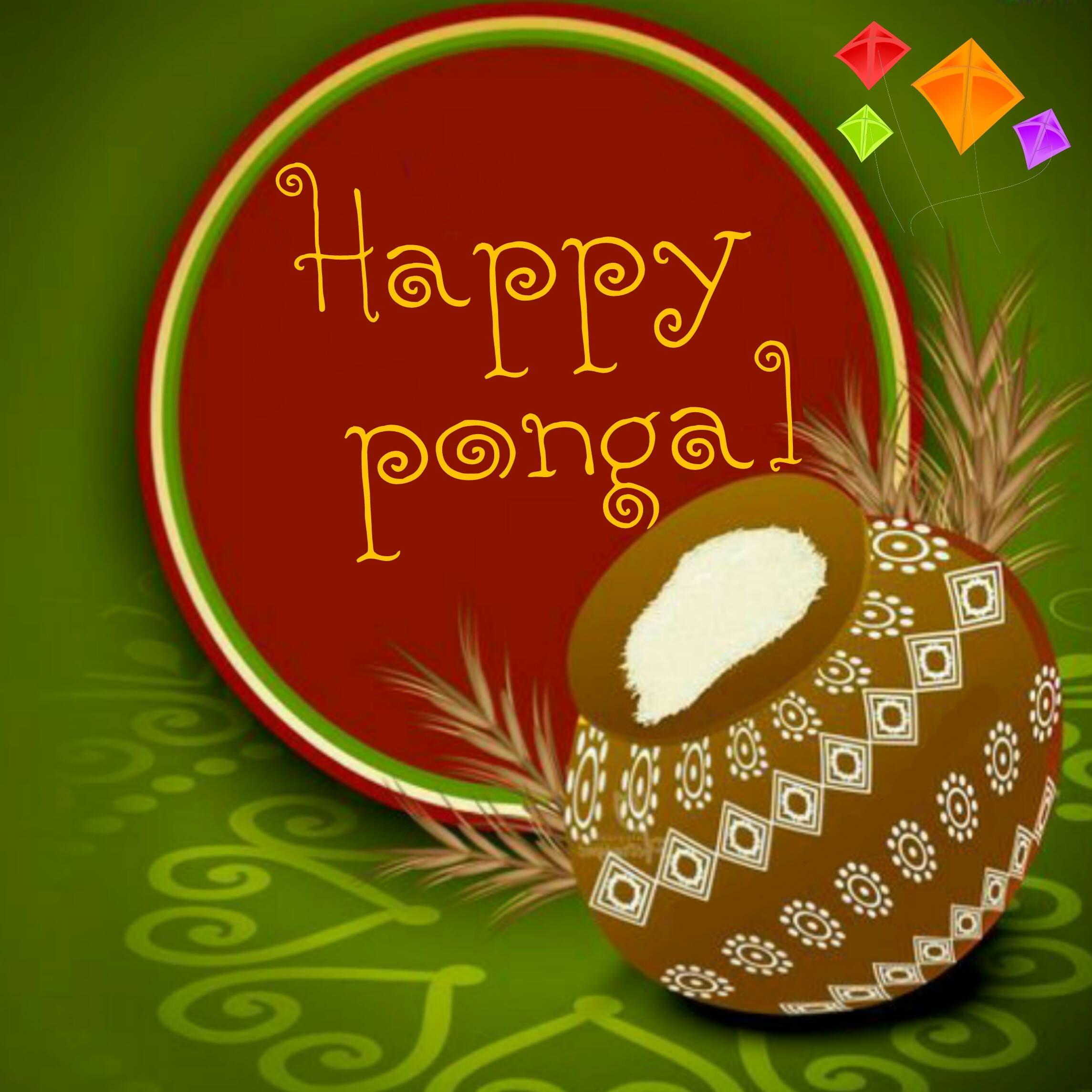 Happy Pongal, decorated pot of rice, colorful kites, Full HD Desktop Wallpaper