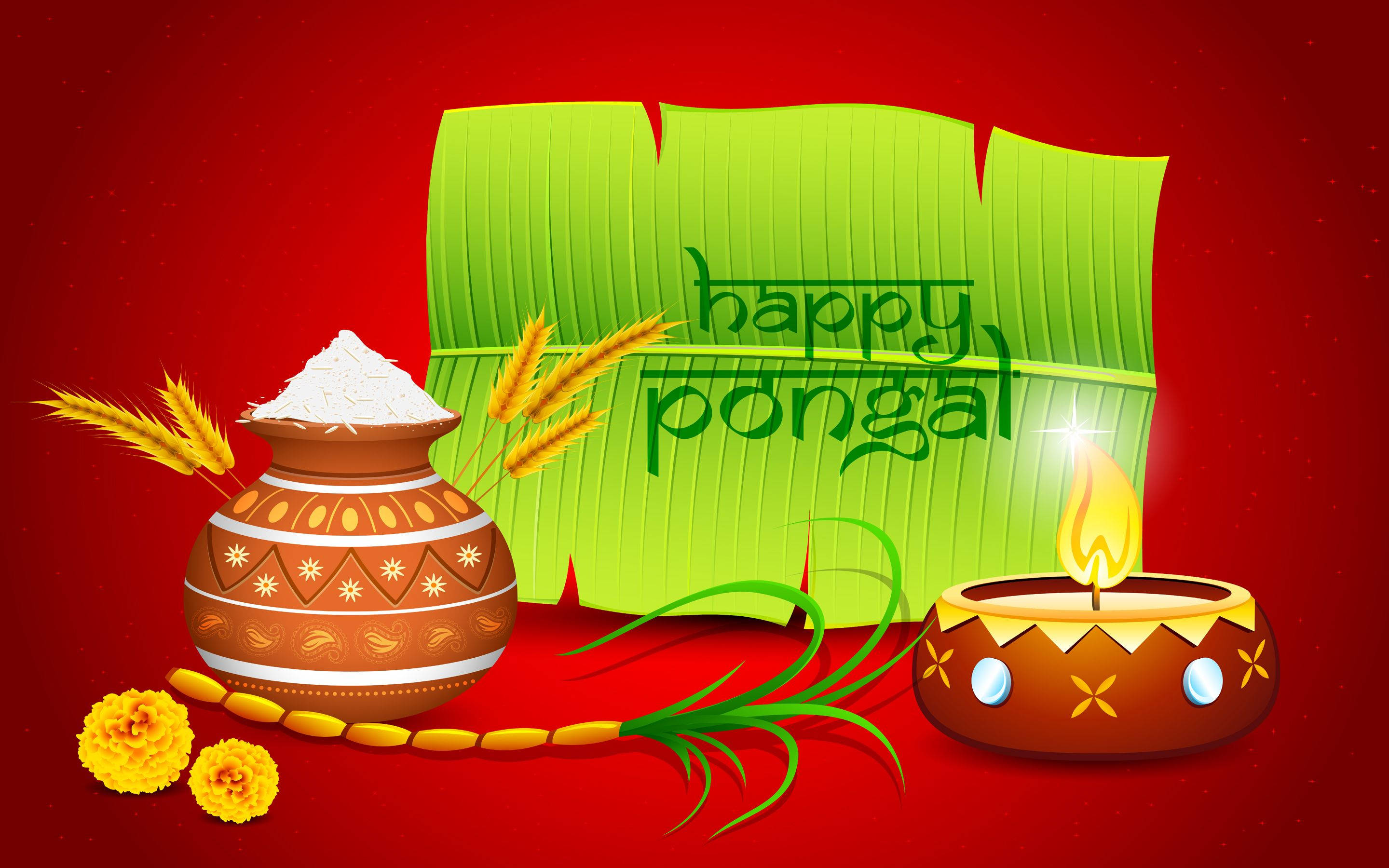 Happy Pongal, red background, decorated pot with rice, 2K Desktop Wallpaper