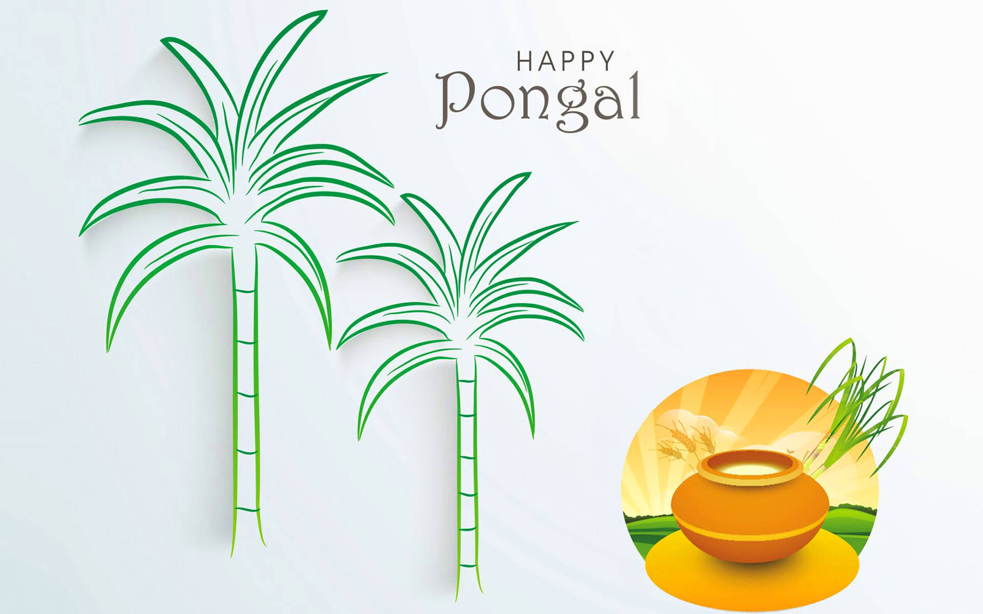 Happy Pongal, green palm tree outlines, golden pot, Full HD Desktop Wallpaper