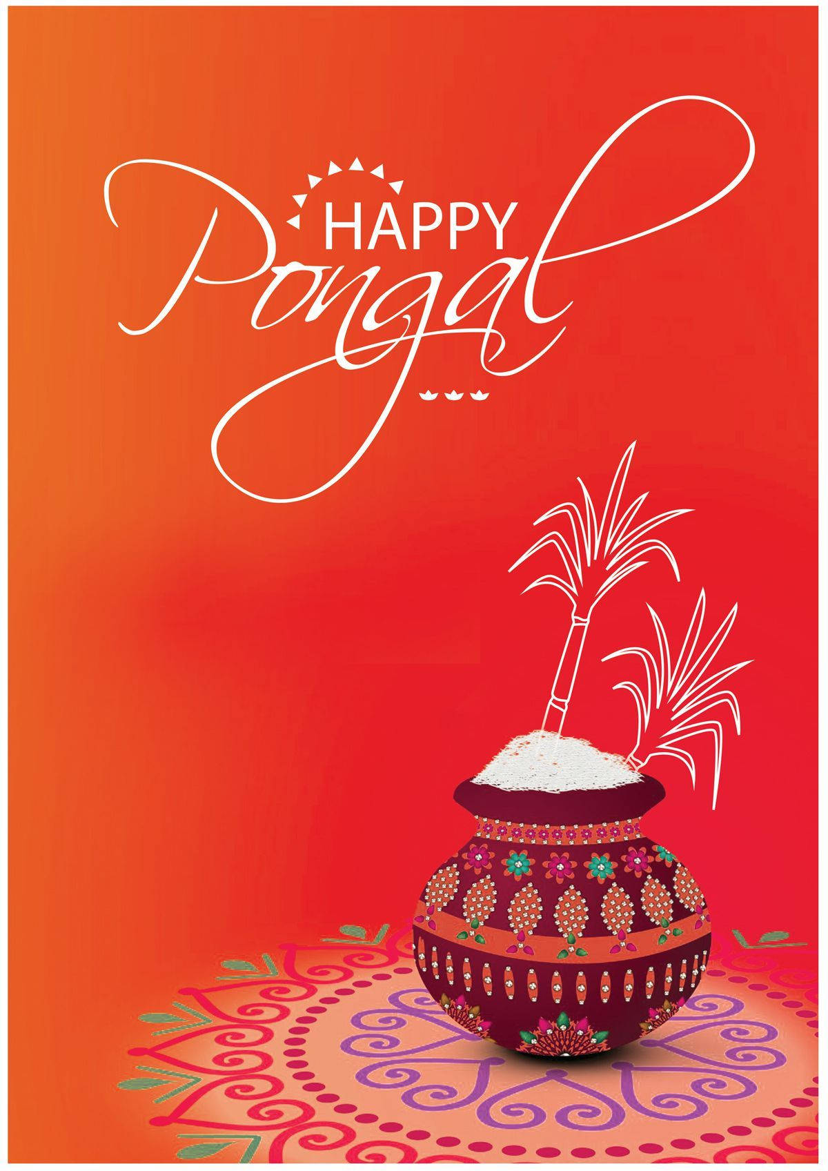 Happy Pongal, pot overflowing with rice and sugarcane, vibrant orange gradient background, HD Phone Wallpaper