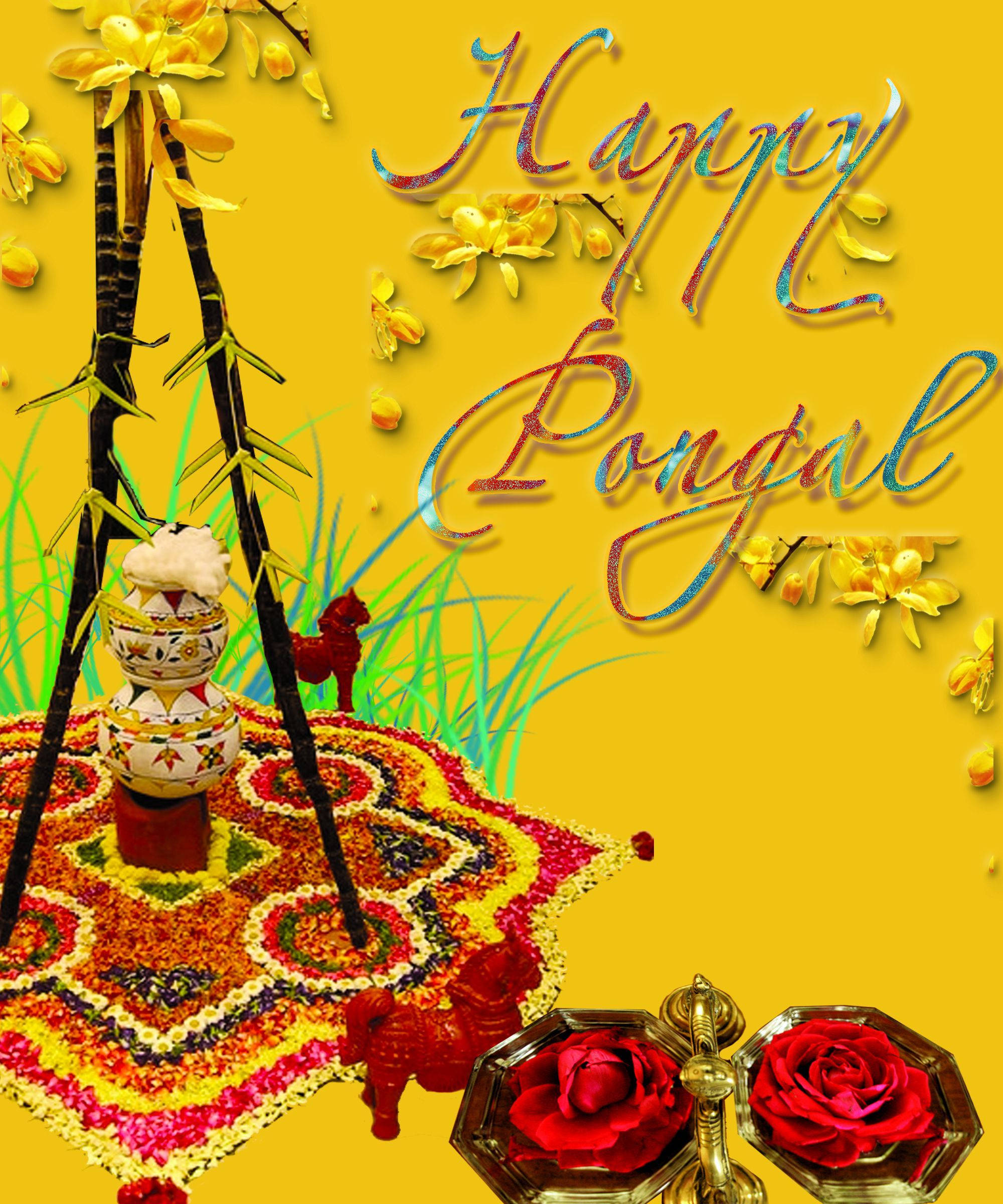 Happy Pongal, floral rangoli, decorated pot, Full HD Phone Wallpaper