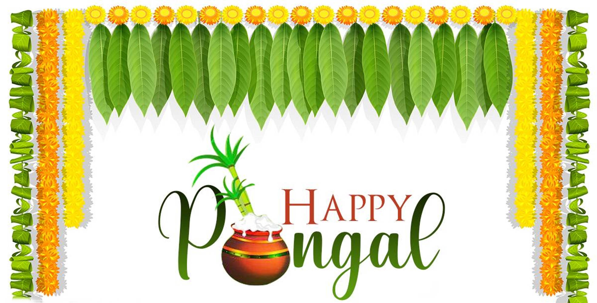 Happy Pongal, palm leaves, yellow marigolds, Full HD Desktop Wallpaper