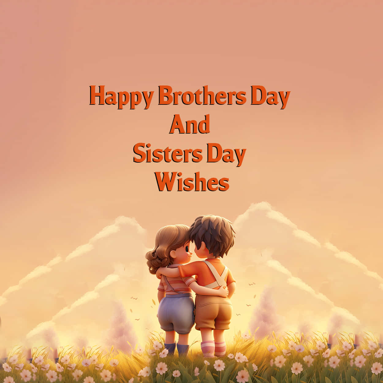 Brothers and Sisters Day, sunlit field of flowers, mountains, SD Desktop Wallpaper