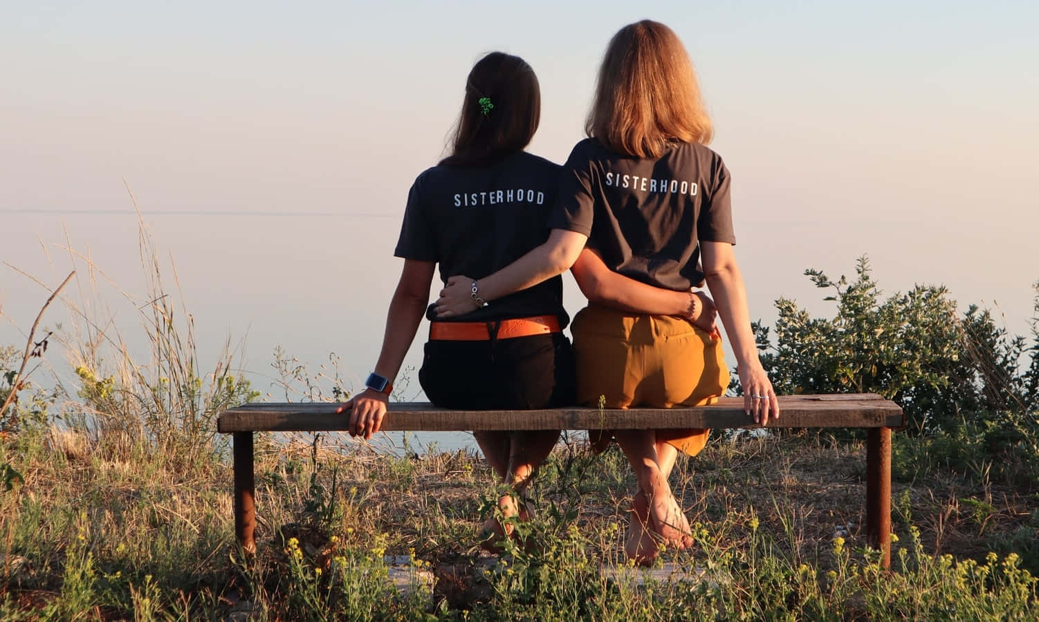 sisterhood shirts, wooden bench, calm sea, HD Desktop Wallpaper