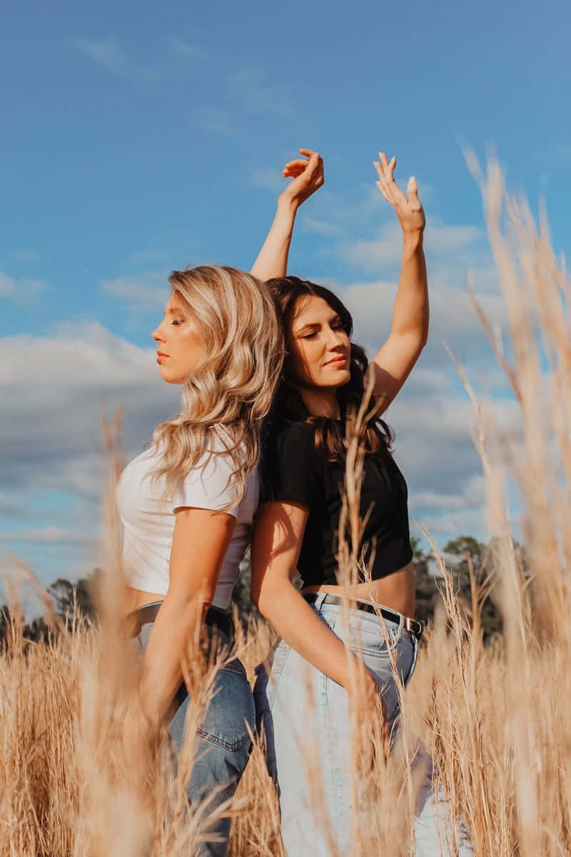 sisters, sunny field, golden grass, SD Phone Wallpaper