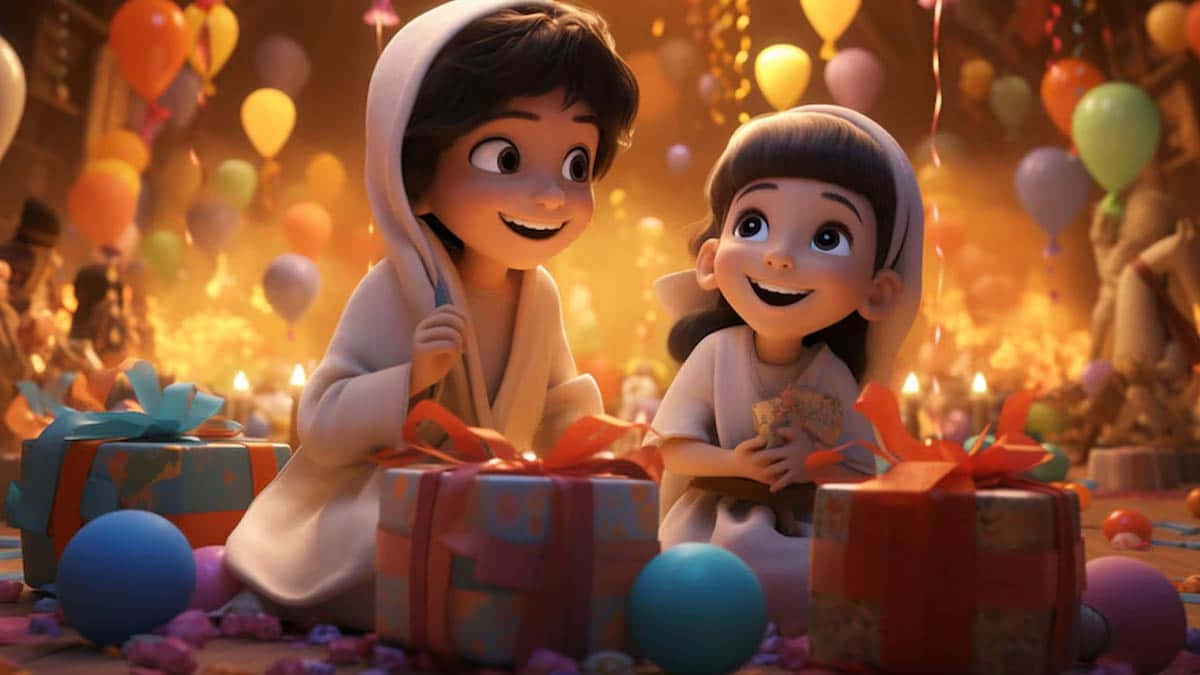 animated sisters, white robes, colorful balloons, SD Desktop Wallpaper