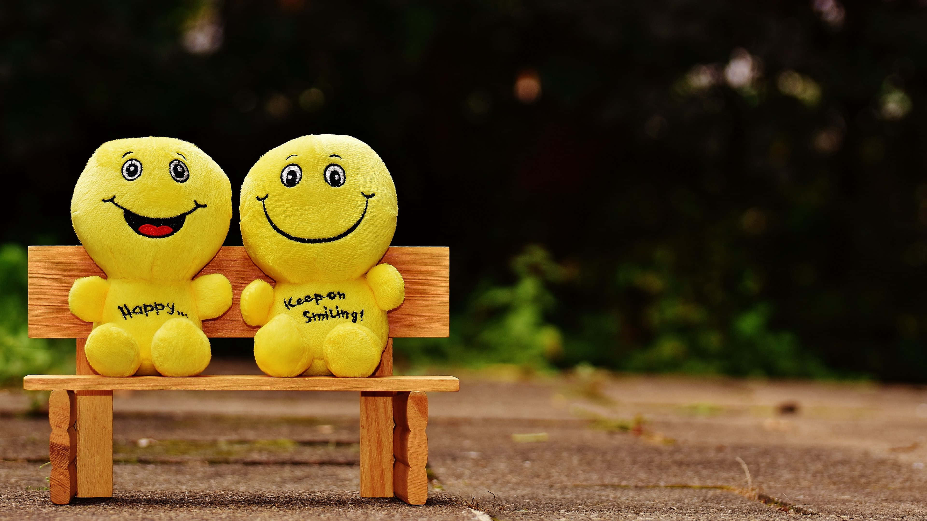 yellow smiley plush toys, wooden bench, softly blurred garden setting, 4K Desktop Wallpaper