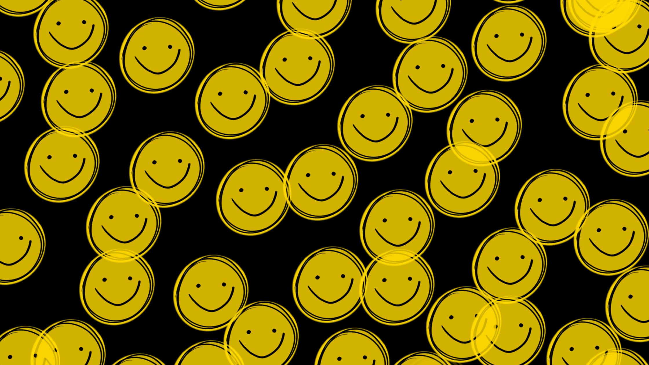 yellow happy smile face, black outlines, solid black background, Full HD Desktop Wallpaper