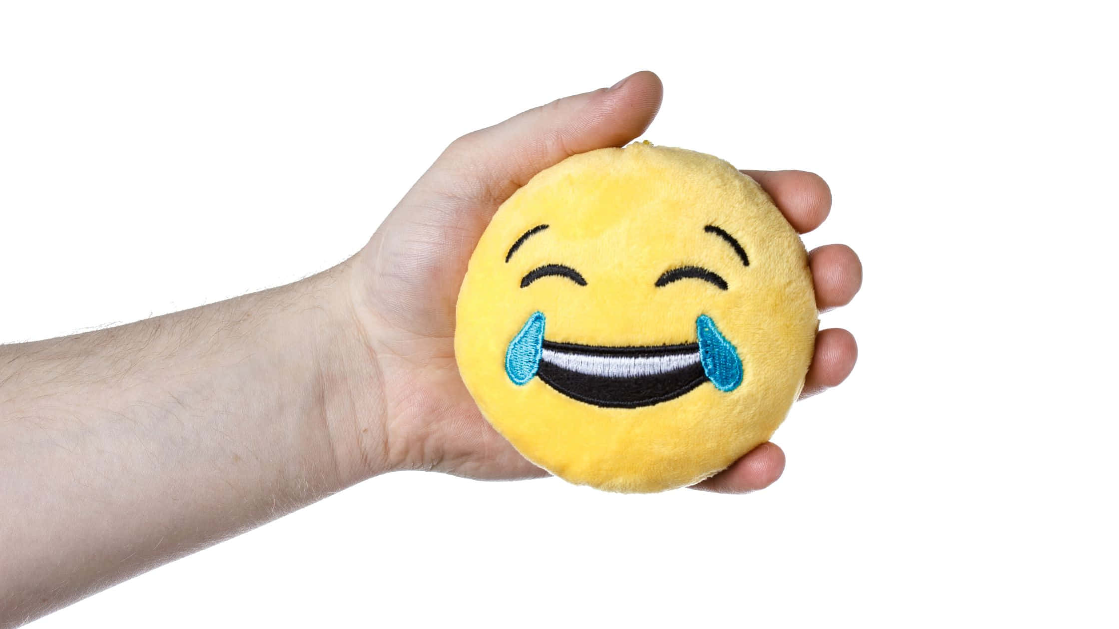 yellow plush laughing emoji pillow, blue tears, white background, Full HD Desktop Wallpaper