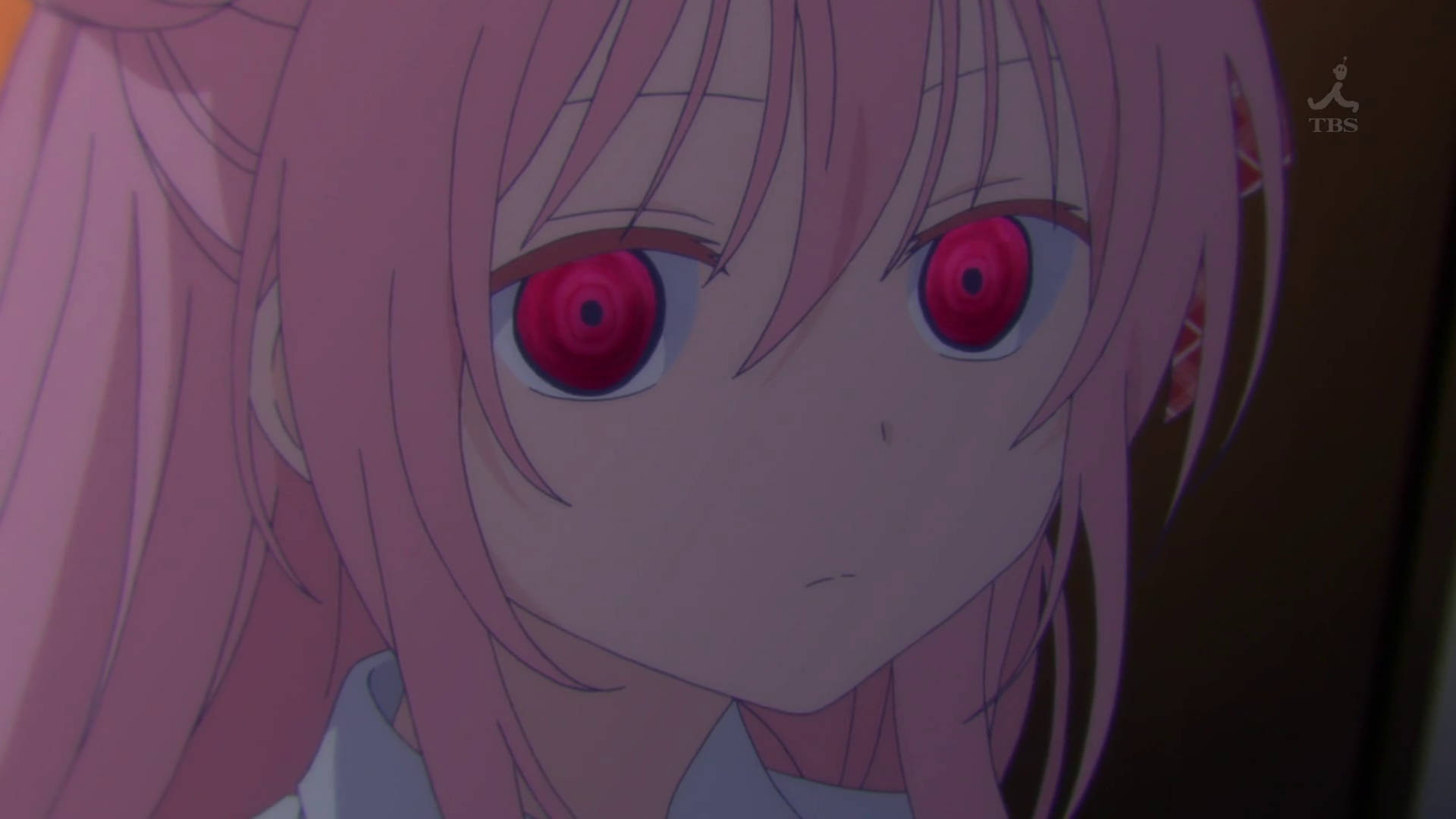 Happy Sugar Life, pink hair, intense red spiral eyes, Full HD Desktop Wallpaper
