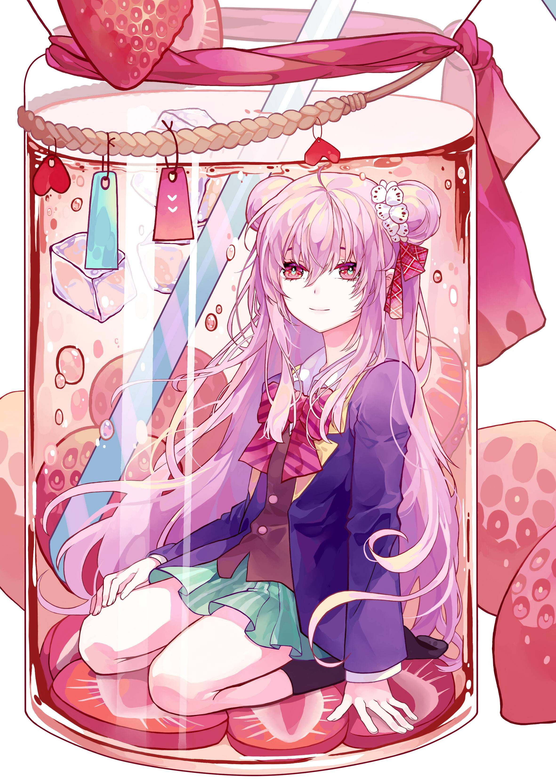 Happy Sugar Life, strawberry milkshake jar, pink hair, 2K Phone Wallpaper
