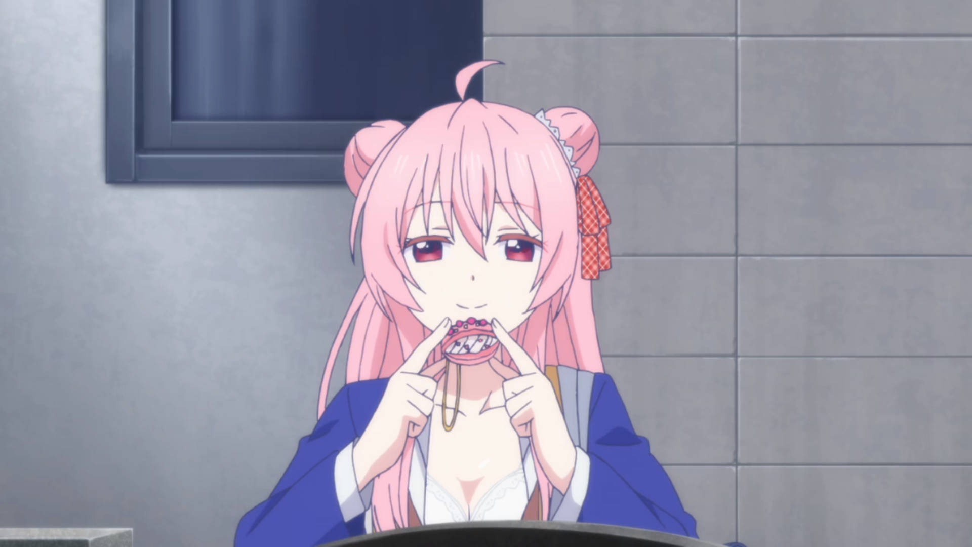 Happy Sugar Life, pink-haired anime girl, blue jacket, Full HD Desktop Wallpaper
