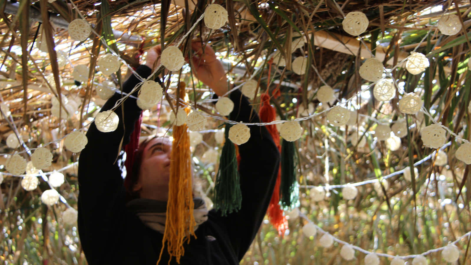 Sukkot, thatched roof structure, white woven lanterns, HD Desktop Wallpaper