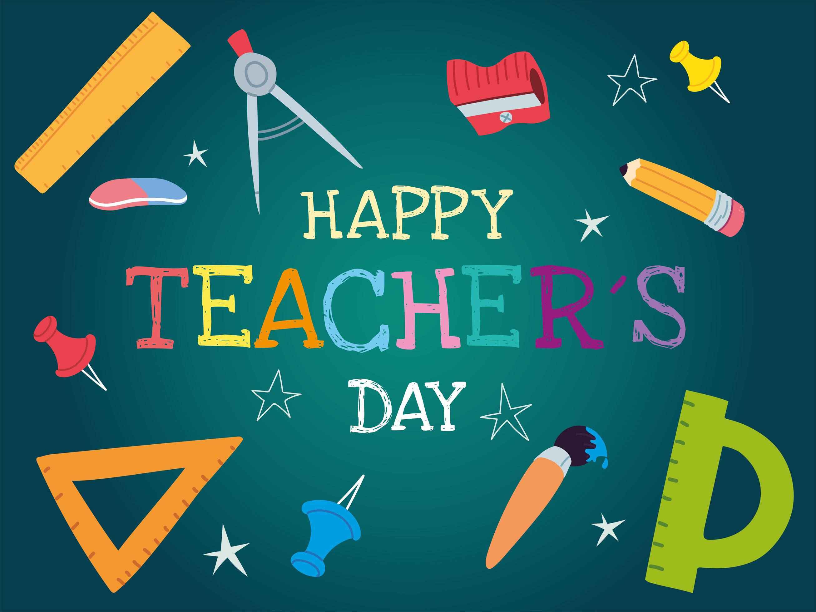 Happy Teacher's Day, teal chalkboard, classroom supplies, 2K Desktop Wallpaper