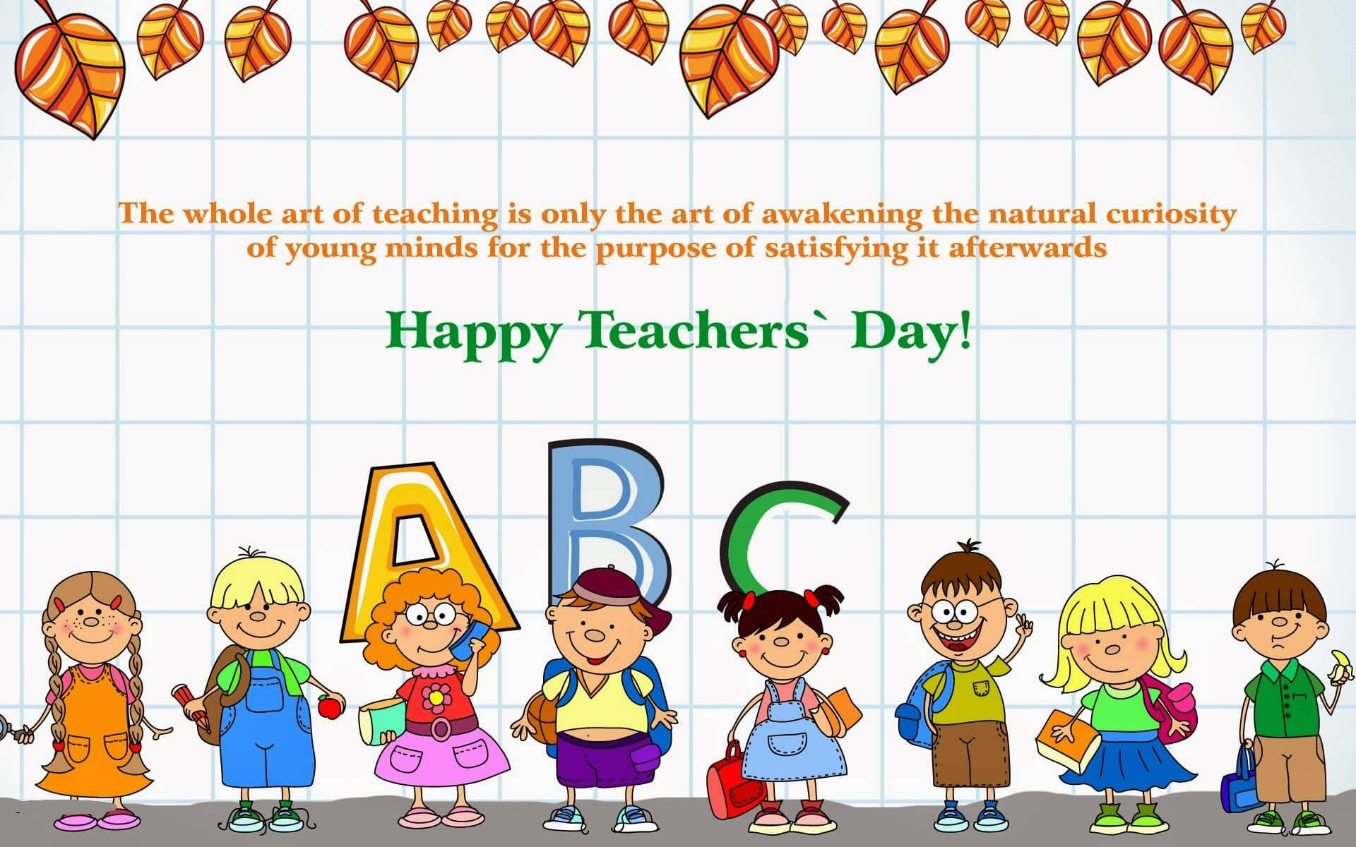 Happy Teachers Day, cartoon pupils, giant ABC letters, Full HD Desktop Wallpaper