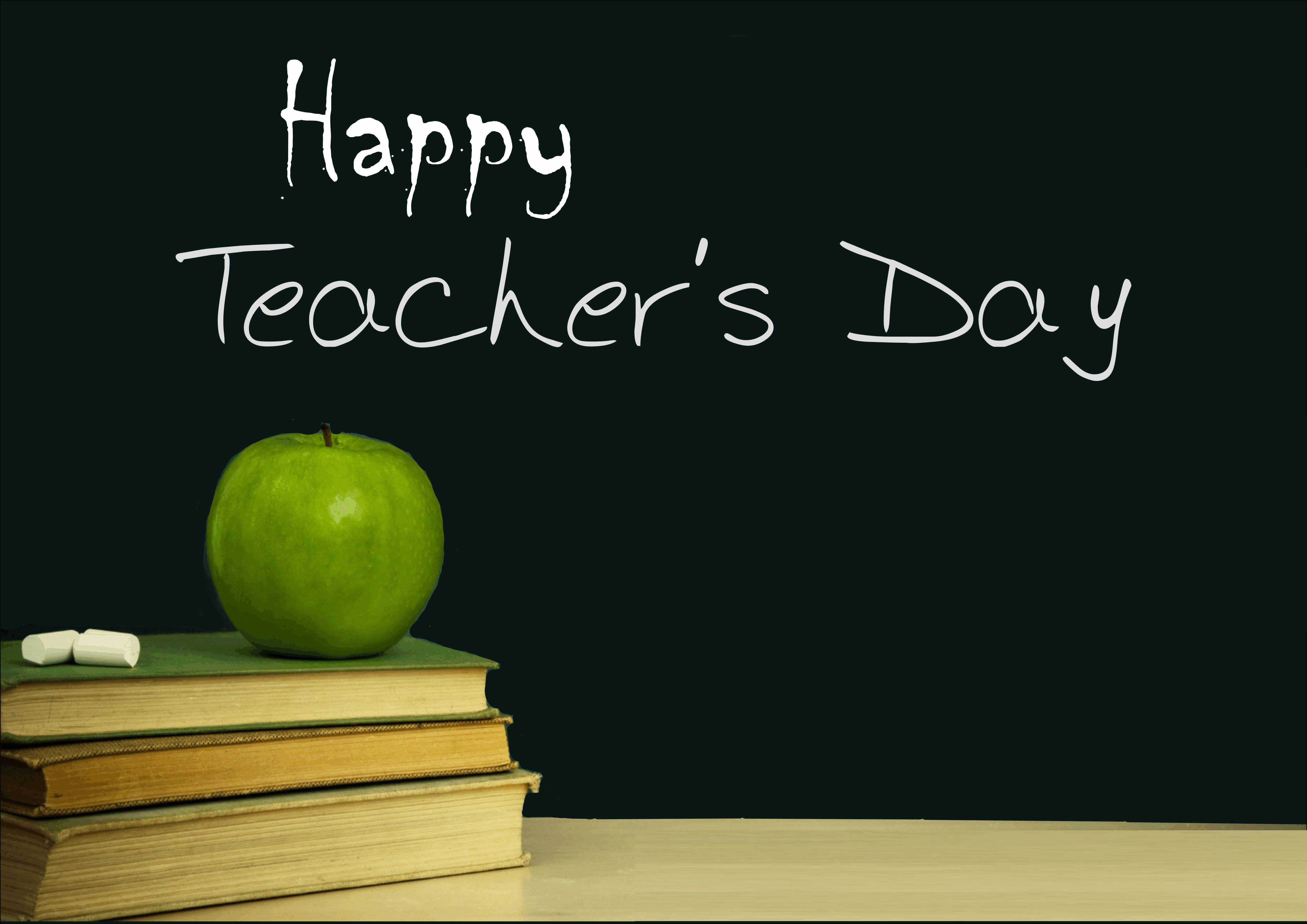 Happy Teachers Day, green apple, stacked books, 4K Desktop Wallpaper