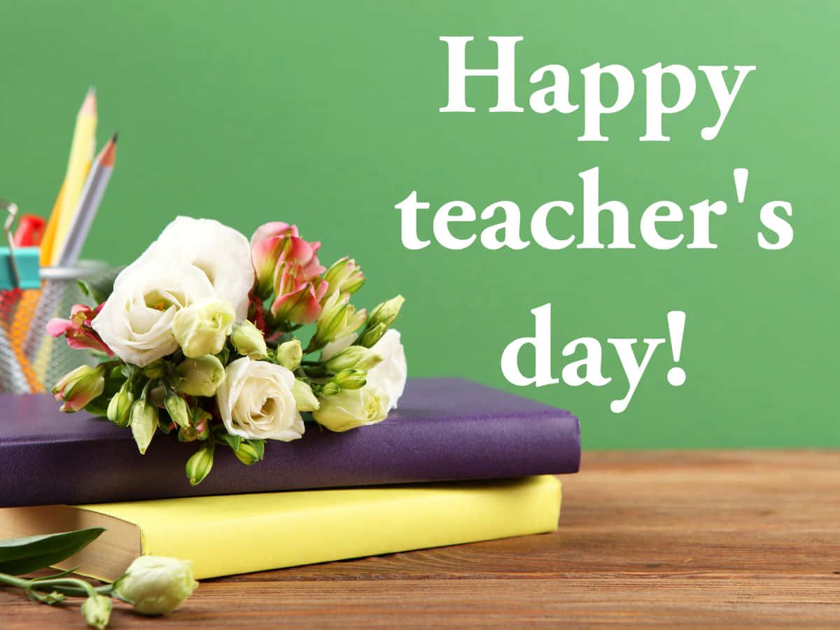Happy Teacher's Day, white and pink flowers, stacked books, SD Desktop Wallpaper