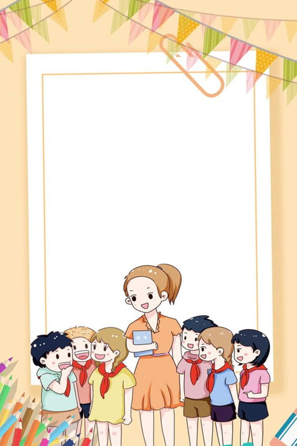 Cute Teacher, students in red scarves, blank frame, HD Phone Wallpaper