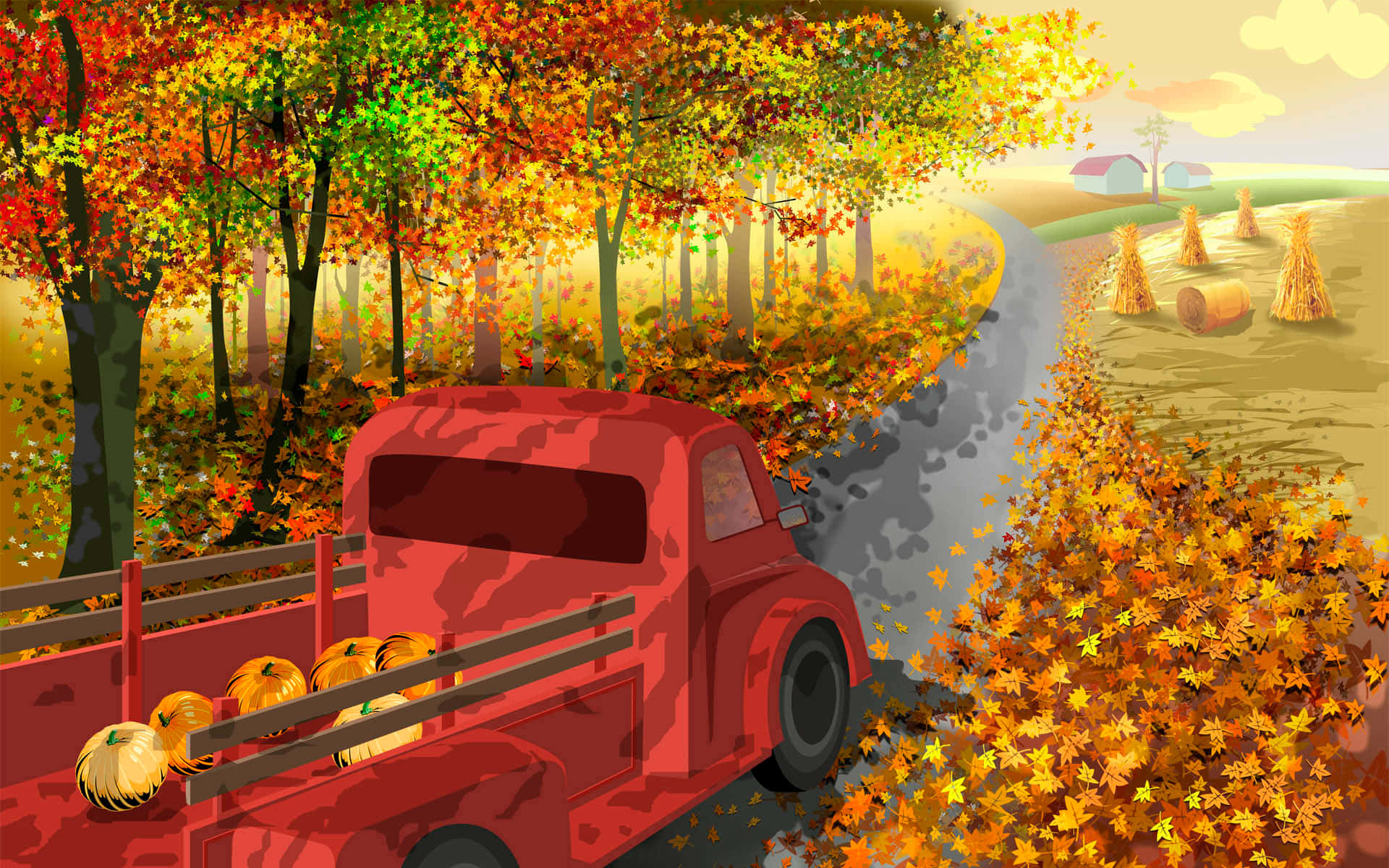 red vintage truck, pumpkins, leaf-strewn road, Full HD Desktop Wallpaper