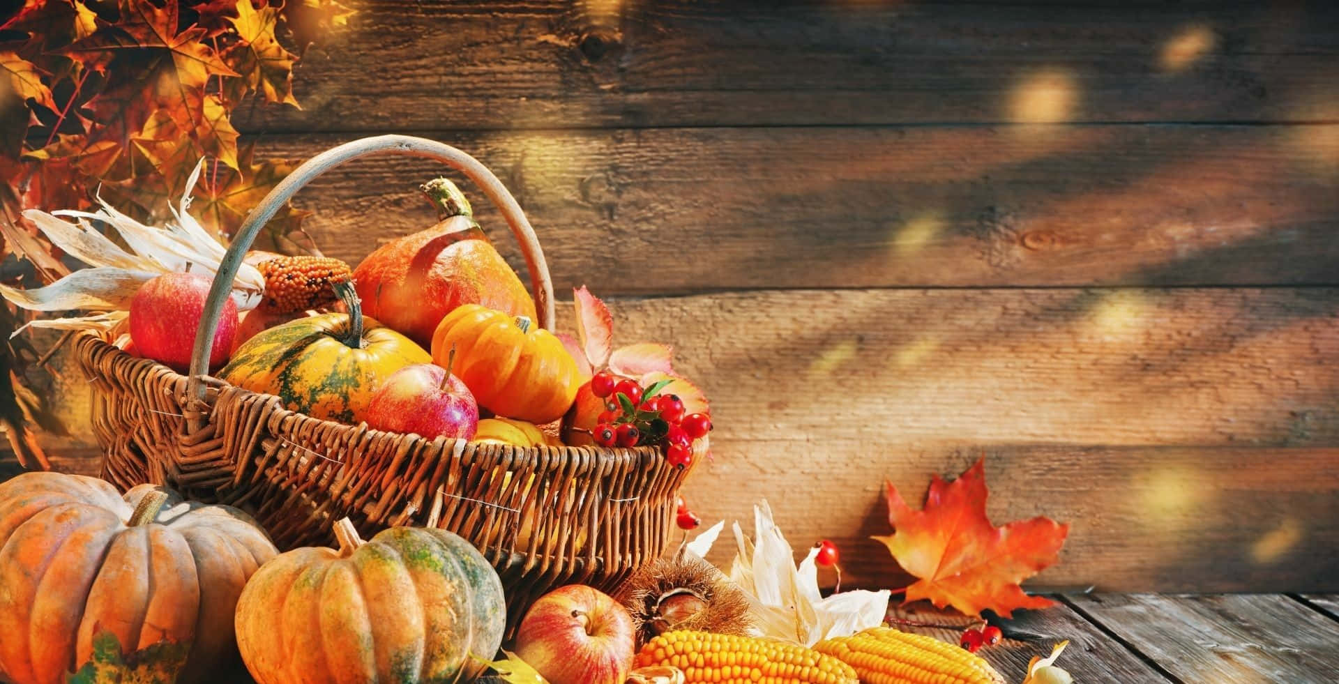 pumpkins, fall leaves, wicker basket, Full HD Desktop Wallpaper