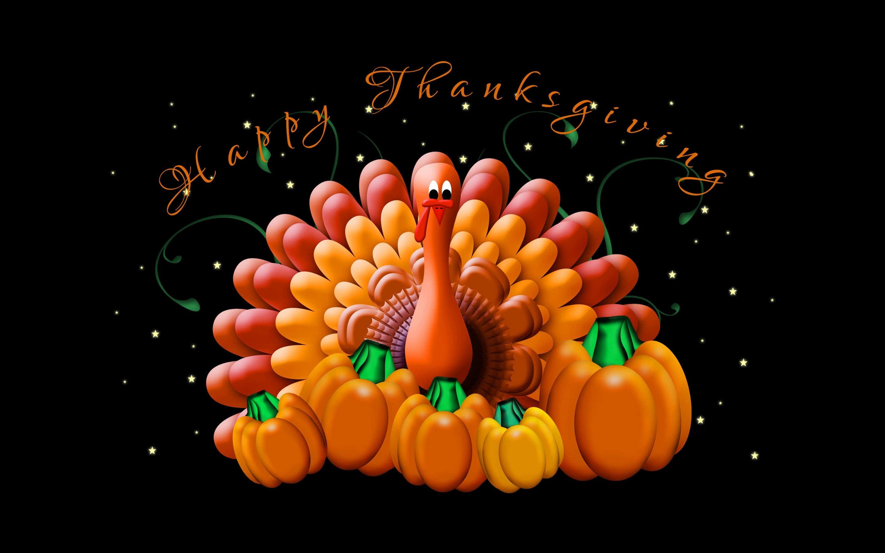 Happy Thanksgiving, cartoon turkey, fanned tail feathers, 2K Desktop Wallpaper