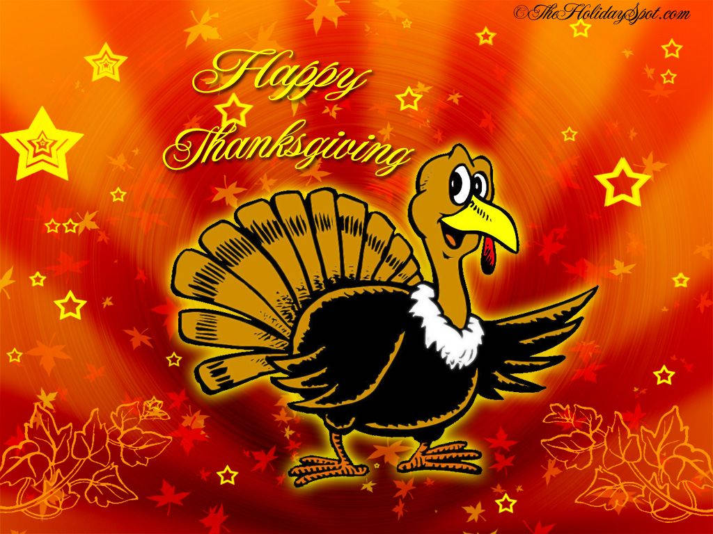 animated turkey, swirling orange red background, yellow stars, SD Desktop Wallpaper