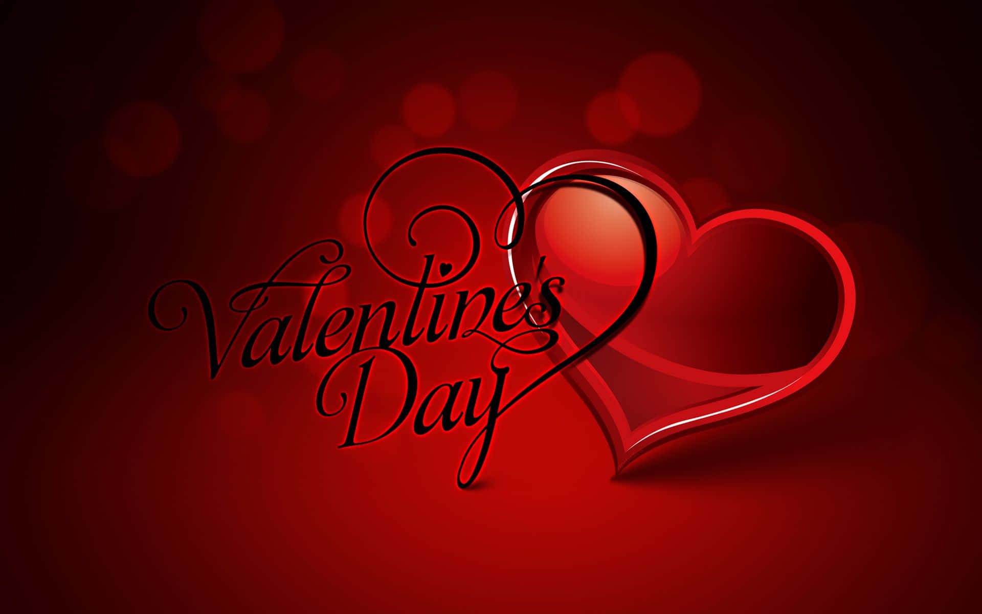 glossy red heart, elegant cursive Valentine's Day text, deep red bokeh background, Full HD Desktop Wallpaper