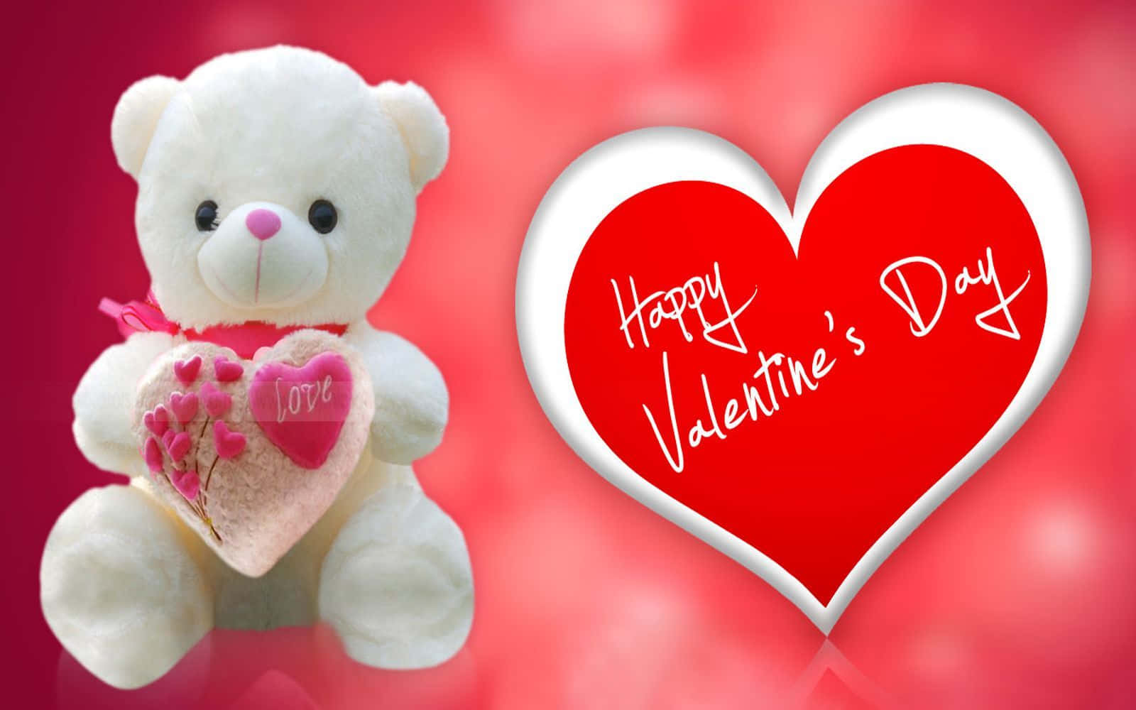 White Teddy Bear, pink heart-shaped pillow, Love, HD Desktop Wallpaper