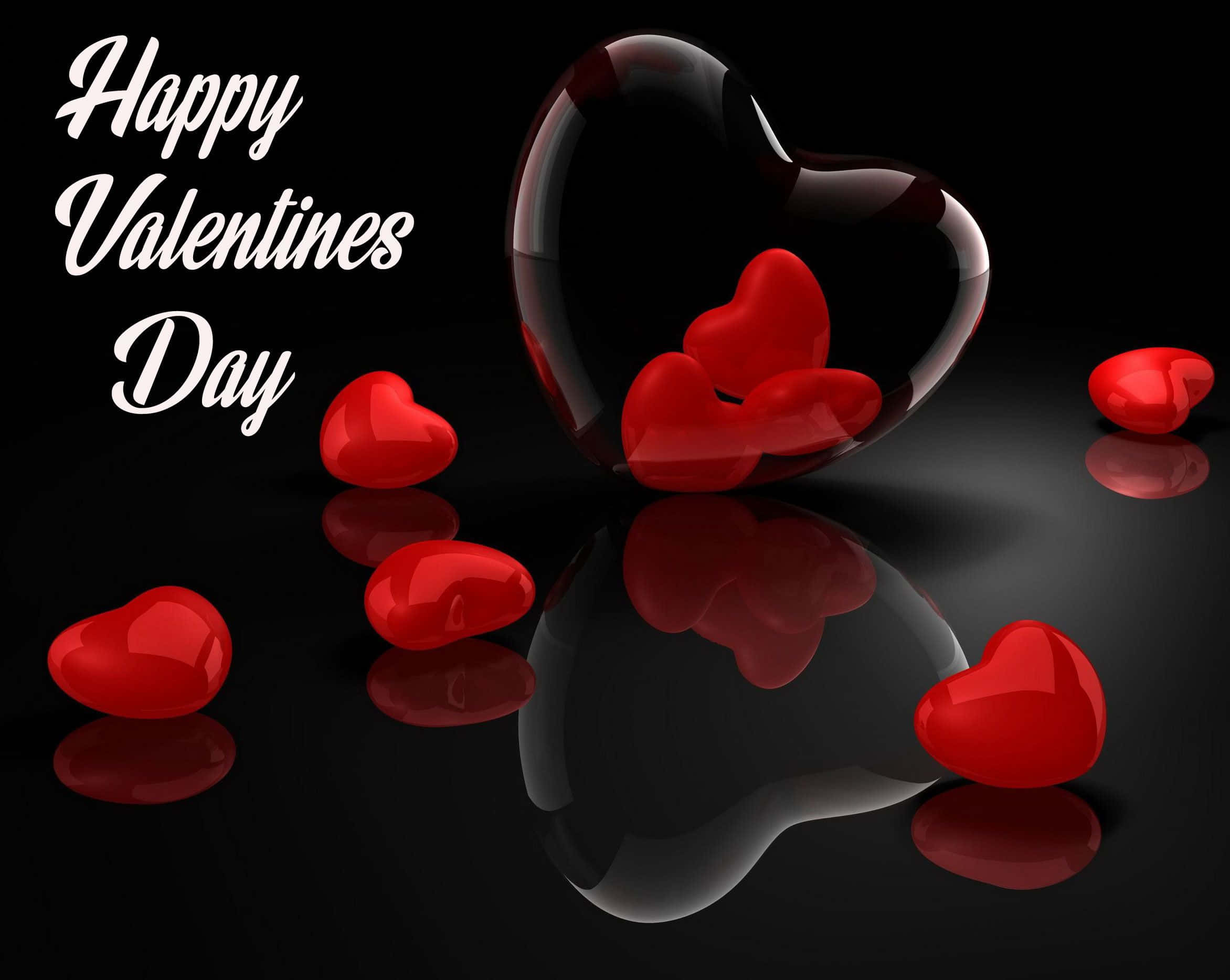 Happy Valentines Day, glossy red hearts, transparent heart-shaped container, Full HD Desktop Wallpaper