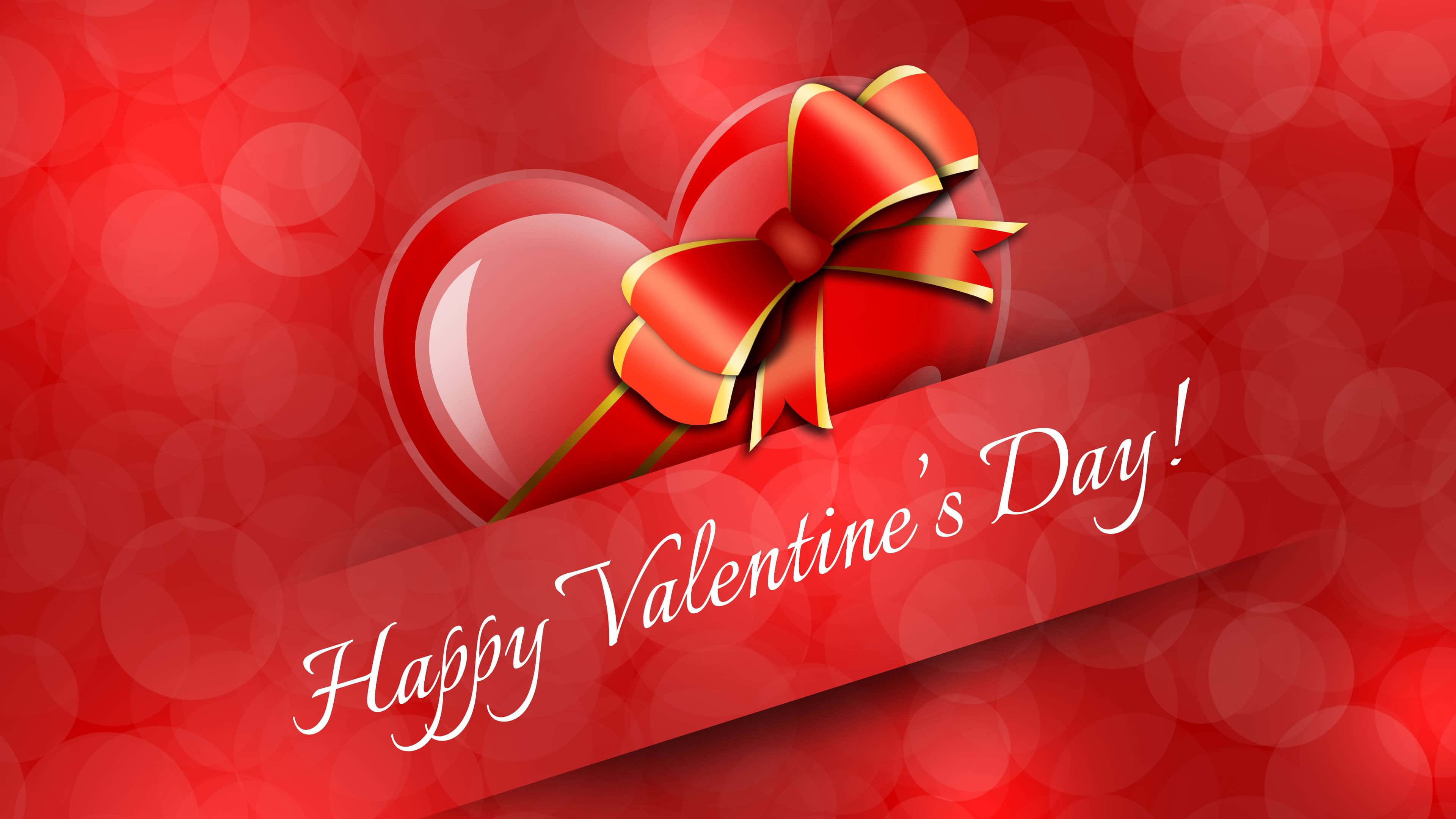 glossy red heart, gold-trimmed bow, festive ribbon, 4K Desktop Wallpaper