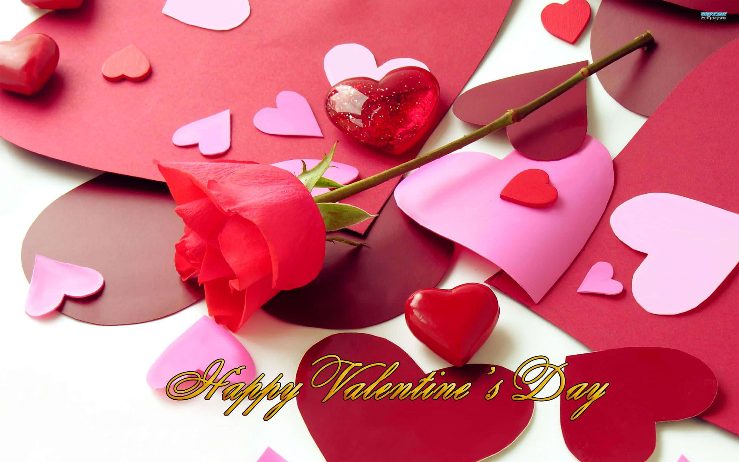 Happy Valentine's Day, vibrant red rose, layered paper hearts, 2K Desktop Wallpaper