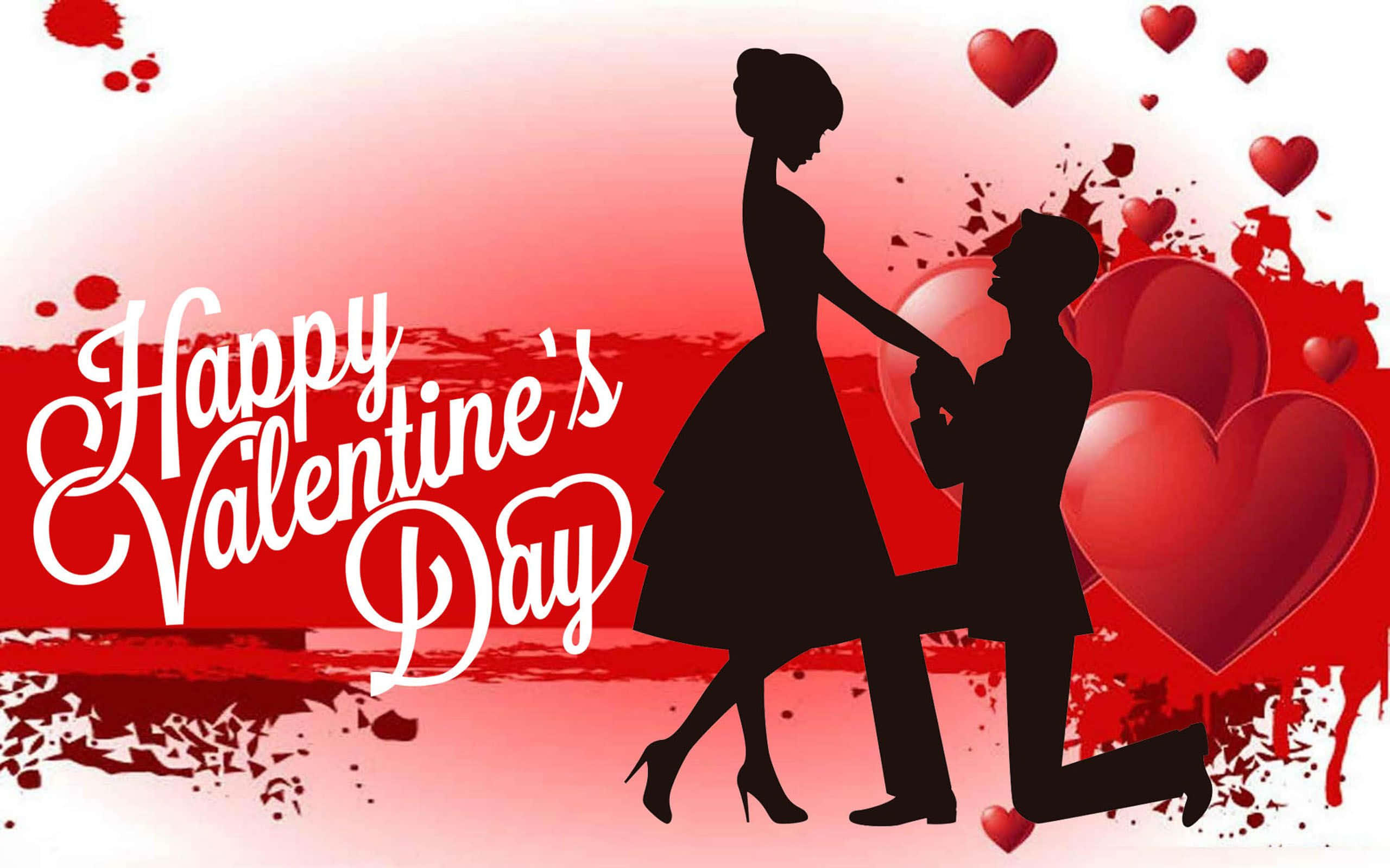 Happy Valentine's Day, red splatter, gradient red background, 2K Desktop Wallpaper