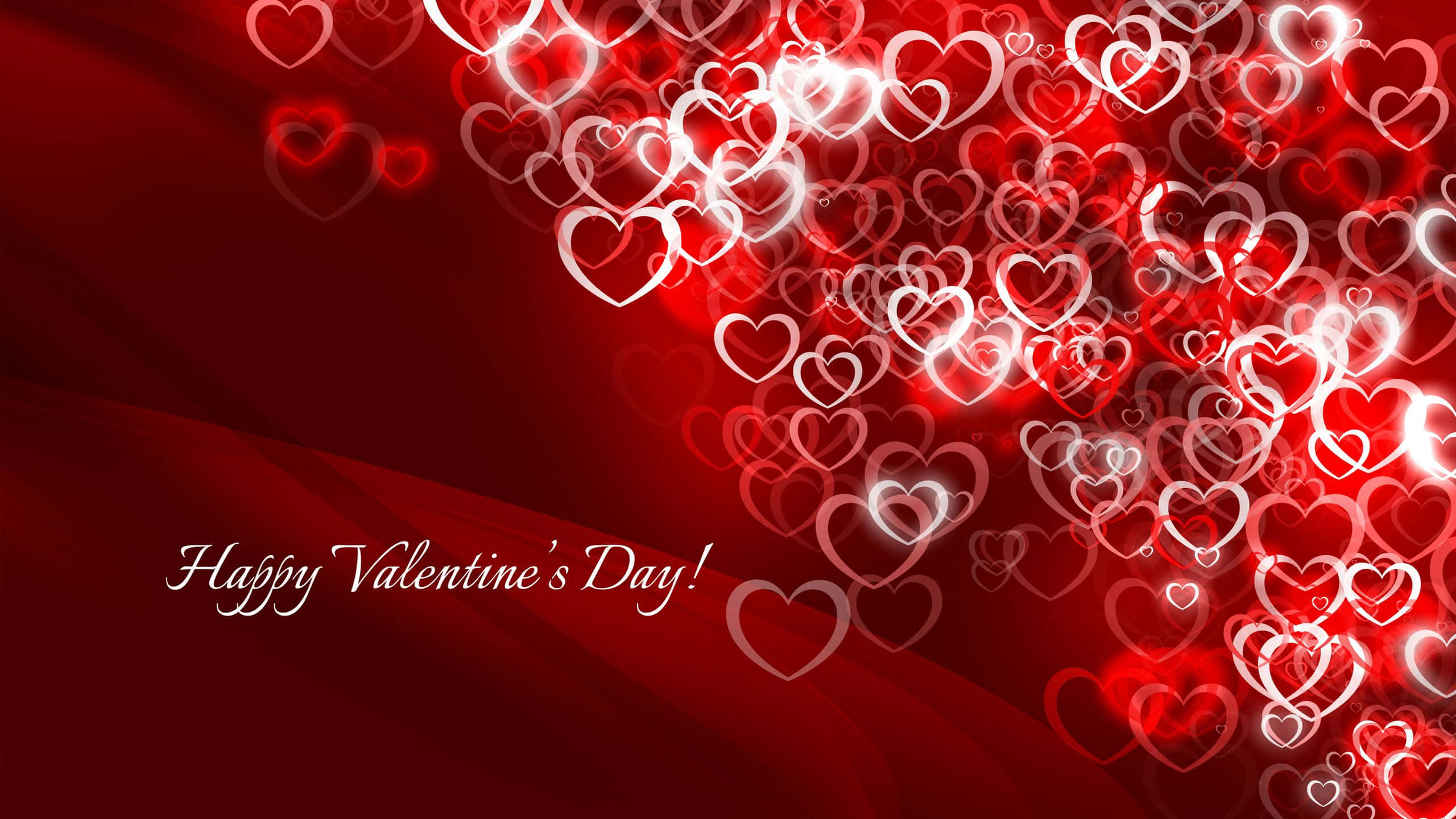 Happy Valentines Day HD, glowing white hearts, deep red fabric background, 2K Desktop Wallpaper