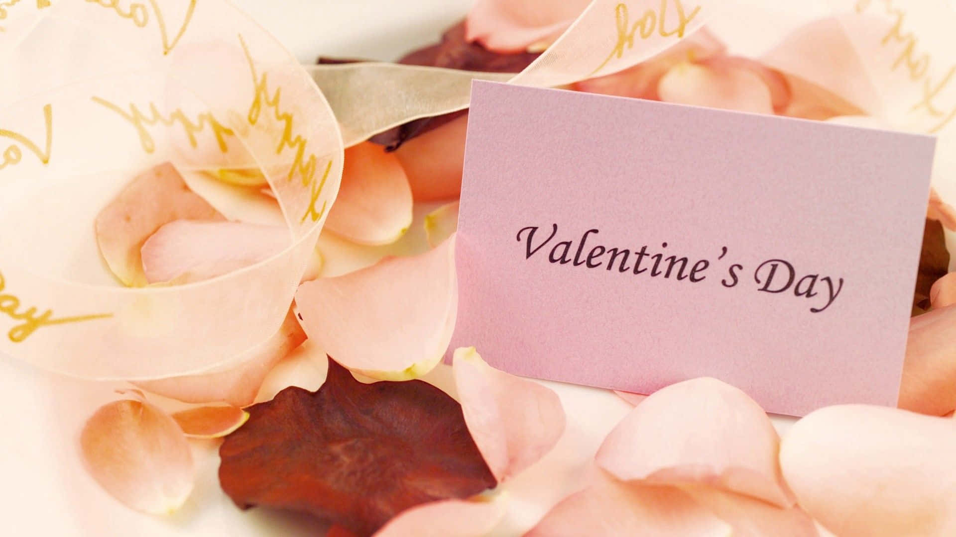 Valentine's Day card, rose petals, sheer ribbon, Full HD Desktop Wallpaper