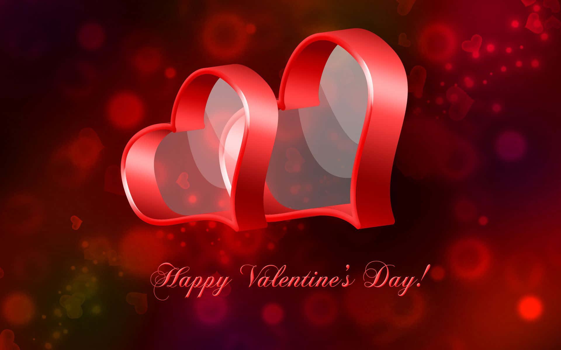 glossy red ribbon hearts, blurred bokeh background, floating heart particles, Full HD Desktop Wallpaper