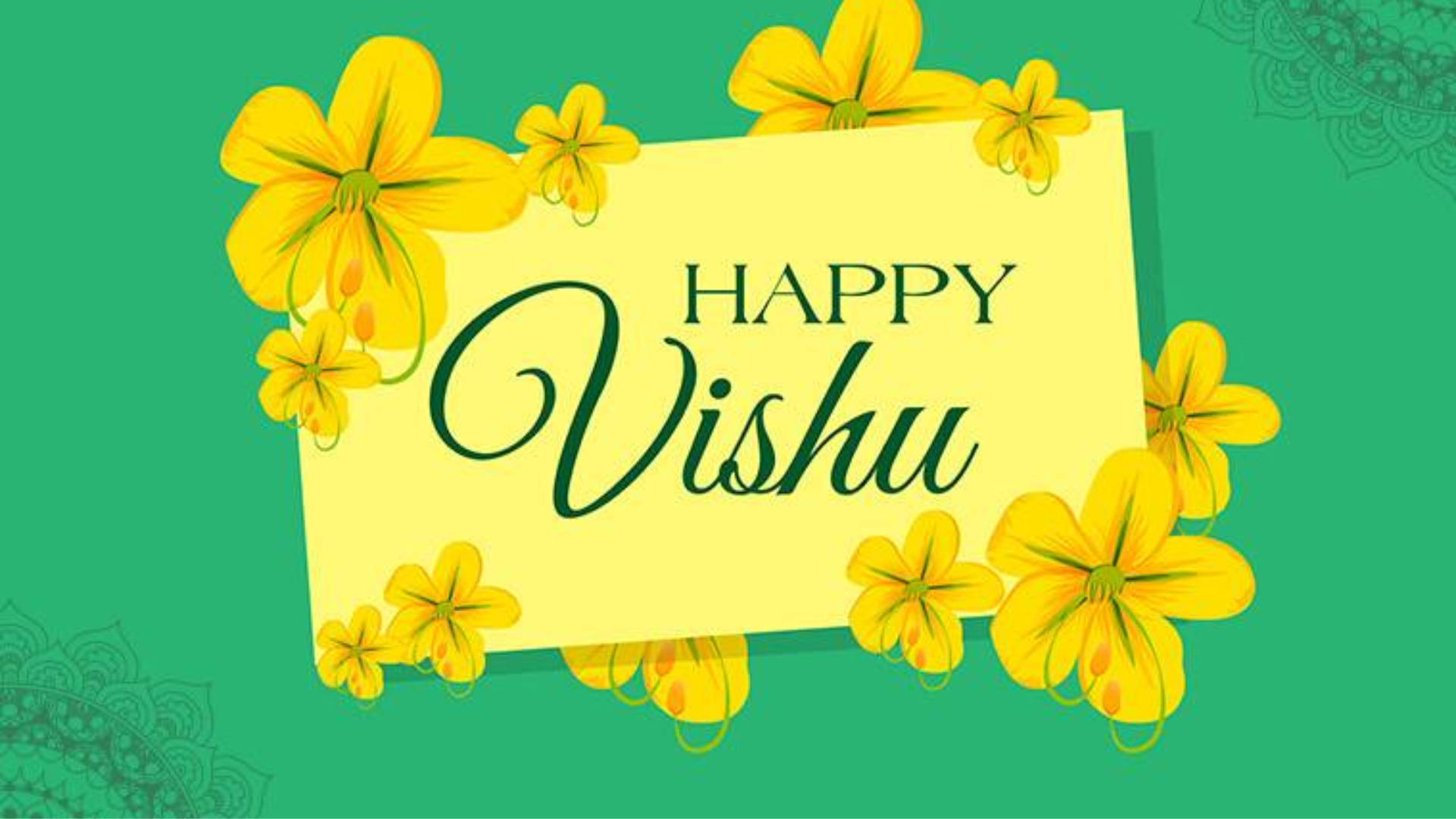 Happy Vishu, yellow card, bright yellow flowers, Full HD Desktop Wallpaper