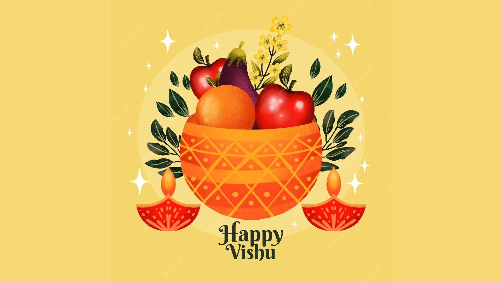 Happy Vishu, orange patterned bowl, fresh fruits and flowers, Full HD Desktop Wallpaper