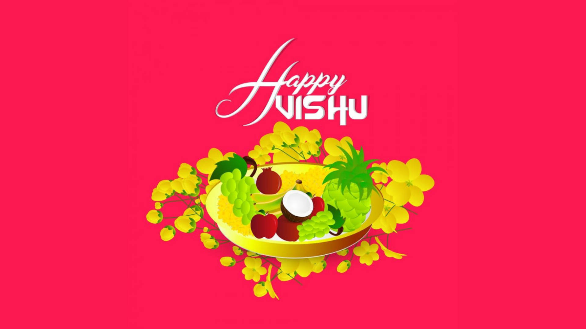 Happy Vishu, bright pink background, golden plate, Full HD Desktop Wallpaper