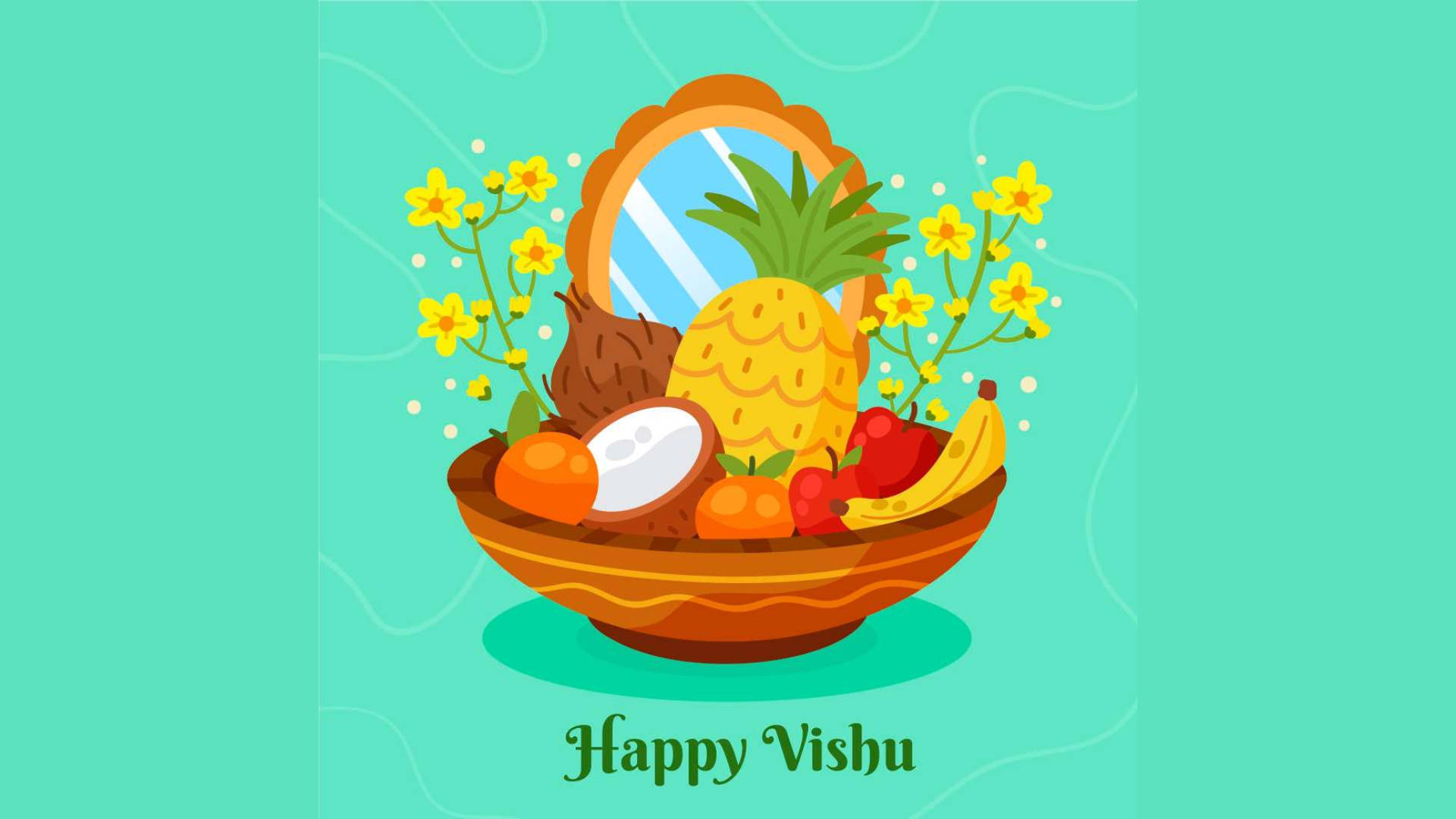 Happy Vishu, teal, tropical fruits, Full HD Desktop Wallpaper