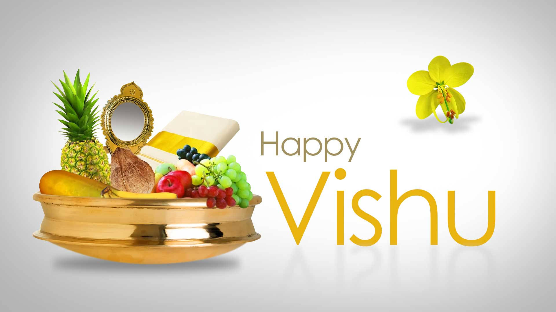 Happy Vishu, golden plate, fresh fruits, Full HD Desktop Wallpaper