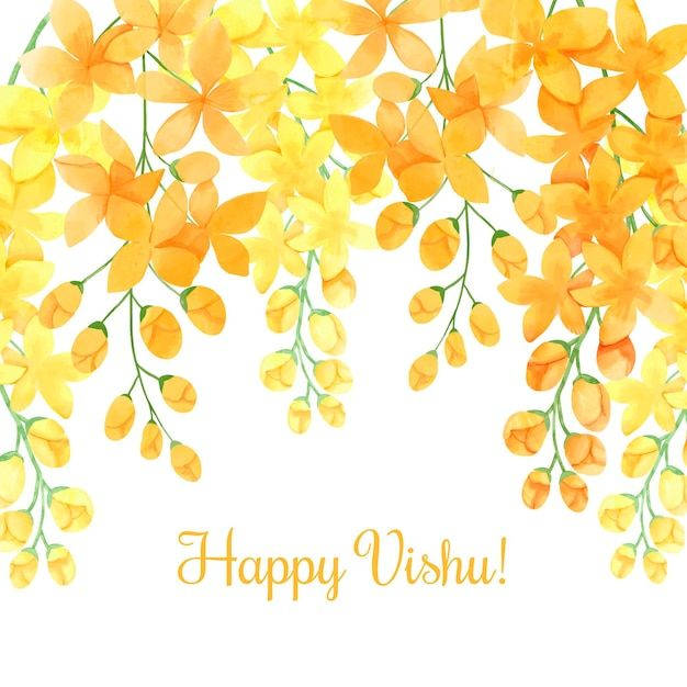 Happy Vishu, yellow kanikonnas, vibrant yellow watercolor flowers, SD Desktop Wallpaper